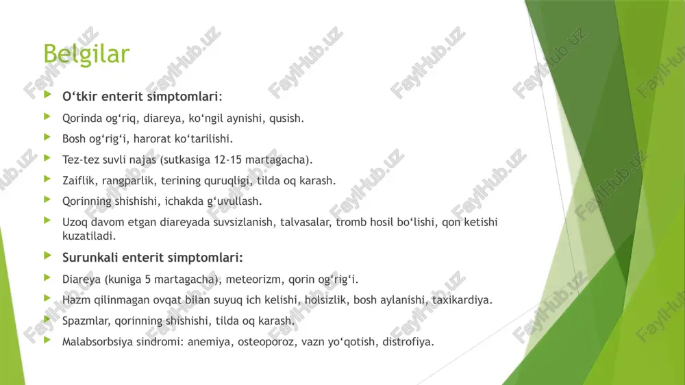 olli ichimliklar, kofeinli ichimliklar, achchiq ovqatlardan saqlanish. shuningdek, har bir bemorda ushbu kasallikning asoratlarini keltirib chiqaradigan mahsulotlarning individual ro’yxati mavjud. ushbu mahsulotlarning ro’yxatini aniqlash uchun oziq-ovqat kundaligi yuritish kerak. oldini olish yarali kolitni keltirib chiqaradigan sabab hali to’liq o’rganilmaganligi sababli aniq profilaktika choralari mavjud emas. kasallikdan saqlanish uchun sog’lom turmush tarzi, ortiqcha ovqatlanishdan saqlanish tavsiya etiladi. ratsionda rafinirlangan ovqatlar, yog’li go’shtlar, alkogolli ichimliklar, shakarli va gazlangan ichimliklar, ziravorlar, achchiq choy, qahva va ichaklarni qo’zg’atuvchi boshqa mahsulotlar miqdorini kamaytirish zarur. shuningdek, hissiy holatni nazorat qilish, stressni kamaytirish tavsiya etiladi. image1.jpeg image2.jpeg diagram showing ulcerative colitis /docprops/thumbnail.jpeg