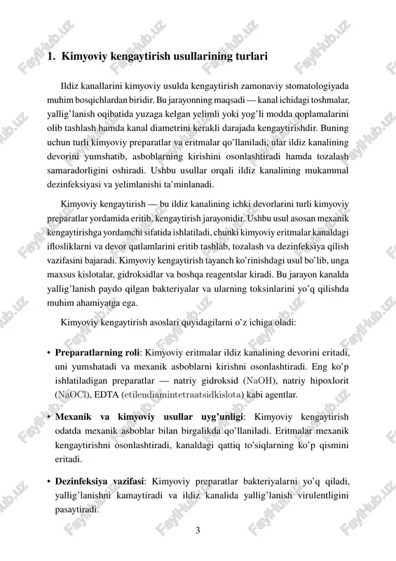 ar yoki ularning kombinatsiyalaridan iborat bo’lishi mumkin. ushbu kimyoviy vositalar shuningdek, mikroorganizmlarning yo’q qilinishiga ham yordam beradi, bu esa keyingi davolashda infektsiyaning oldini olishda muhim rol o’ynaydi. kimyoviy kengaytirish usullari preparatlarning ta’sir mexanizmi va kimyoviy tarkibiga ko’ra bir necha asosiy turlarga bo’linadi. birinchisi, kislota asosidagi preparatlar bo’lib, ularda asosan solyanoi kislota, fosfor kislota yoki boshqa kuchli kislotali moddalar ishlatiladi. bu preparatlar tanaffus qilmasdan organik to’qimalarni eritadi va kanallarni kengaytiradi; ularning ustunligi kanal devorlarini oz-ozdan eritishi va mexanik zarar taqdirlarini kamaytirishdir. ikkinchi tur ferment yondashuvlariga asoslangan bo’lib, ular kanallardagi organik materiallar va mikrobial yo’q bo’lishiga olib keladigan maxsus fermentlarni o’z ichiga oladi. ushbu yondashuvda, preparatlar yumshoq va izchil ta’sir 4 ko’rsatib, kanallarni yorib, zararsiz kengaytirishni taminlaydi. uchinchisi, kombinatsiyalangan preparatlar hisoblanib, ular bir nechta faol moddalarni o’z ichiga oladi va shu bilan maqsadga erishishda yanada samarali natijalar beradi. shuningdek, bozor sharoitida kimyoviy kengaytirish uchun tizimli va paydo bo’layotgan yangiliklarga moslashtirilgan preparatlar ham …
