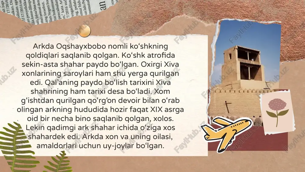 an qoplangan. ayvon toʻsinlari va ustunlari, panjaralar xiva meʼmorligiga xos uslubda bezatilgan. ayvon va xonalar shifti turli rangdagi boʻyokli naqshlar bilan bezatilgan. ganchdan kosamonlar va turli naqshlar ishlangan. hozir haramxonaning bir qismida muzey-qoʻriqxona idorasi joylashgan. taxtxona taxtxonaning devorlarida mahalliy ganchkorlik san’atini ko‘ramiz. bu o‘ymakorlik badiiylik jihatdan ayvondagi sirkor parchin qoplamalardan ancha past turadi. xon taxti cho‘ziq zalning eng to‘ridagi dekorativ gumbaz ostida turar edi. shakli uncha murakkab bo‘lmagan bu taxt yog‘ochdan yasalgan bo‘lib, usti naqshkor kumush bilan qoplangan. oq shayx bobo koʻshki ning umumiy hajmi 60x40 m, balandligi 11 m boʻlib, xom gʻishtdan piramida shaklida sharqqa qaratib qurilgan ikki qanatli ayvon shaklidagi bino (taxminan 2—3-asrlar). 16— 18-asrlarda qayta qurilib, harbiy maqsadlar uchun moslashtirilgan. koʻshkga ikki minora oʻrtasidagi zinalar (1993—96 yillarda qayta tiklangan) orqali chiqilgan. hozir oq shayx bobo koʻshki 19-asr oxiridagi fotosuratlar va ilmiy tadqiqot asosida asl holiga keltirilib, taʼmirlangan. oq shayx bobo ko’shki 1.www.khiva.info 2.xorazmiy.uz foydalanilgan adabiyotlar 3.uz.wikipedia.org image9.png …