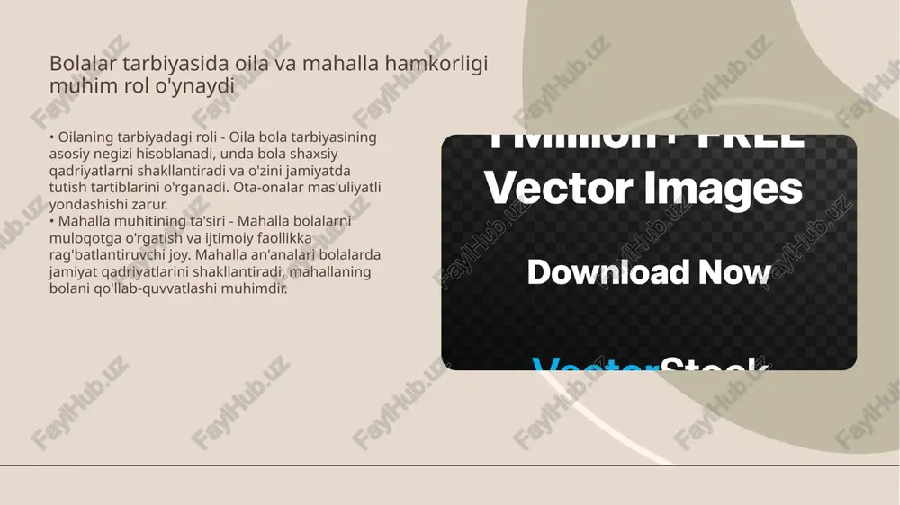a-onalar shaxsiy tarbiya uchun javobgar bo'lsa, mahalla ijtimoiy nazoratni amalga oshiradi, bu usul tarbiyani muvozanatlashtiradi. oila va mahalla bolalarning ta'lim sifatini oshirishga hissa qo'shadi • oiladagi tarbiya va o'quvchiga ta'sir - oila bolalar uchun birinchi tarbiya manbai, intizom va bilim asoslari boshlanadigan joydir. uyda yaratilgan o'quv muhit o'quv jarayonini samarali qilishi mumkin. • mahallaning ta'limda tutgan o'rni - mahalla bolalarning tarbiyasini qo'llab-quvvatlab, ta'lim sifati uchun muhim ijtimoiy muhit yaratadi. mahalliy tadbirlar ta'limni mustahkamlashga xizmat qiladi. xulosa • oila mtt va mahallaning hamkorligi - oila mtt va mahalla instituti o'zaro hamkorlikda ishlash orqali o'quv-tarbiya jarayonini yanada samarali tashkil etishga erishadi hamkorlik natijasida bolaning ta'lim olishida har bir qatnashuvchi tomonning hissasi muhim bo'ladi mahalla oilalarga bevosita yordam berib, mttni zarur ma'lumotlar va resurslar bilan ta'minlaydi mtt esa bolalarning tarbiyasi va rivojlanishi bo'yicha mahallaga statistika va rejalashtirishda ko'maklashadi shu bilan birga ushbu aloqalar oilalar bilan yaqin muloqot o'rnatib, bolalarning ta'lim jarayonidagi muhim ehtiyojlarini …