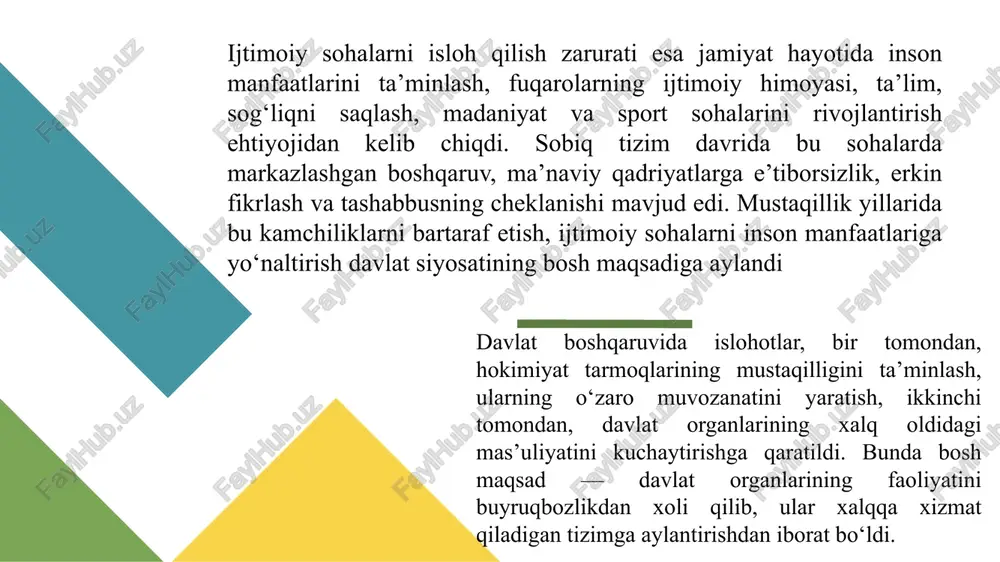 shaxslar, fuqarolar va jamoat birlashmalari faqat qonun asosida ish yuritadi. demokratik saylov tizimi — fuqarolarga saylash va saylanish huquqi berilgan, saylovlar erkin, oshkora va adolatli o‘tkazilishi kafolatlangan. millatlararo totuvlik va diniy bag‘rikenglik — konstitutsiya barcha millat va elatlar huquqlarining tengligini ta’minlaydi, diniy e’tiqod erkinligini kafolatlaydi. konstitutsiyaning qabul qilinishi o‘zbekiston tarixida demokratik davlat va fuqarolik jamiyati barpo etishning huquqiy poydevorini yaratdi. u davlatning ichki va tashqi siyosatini belgilovchi bosh hujjat bo‘lib, mamlakatda qonun ustuvorligi, adolat va insonparvarlik tamoyillarining mustahkamlanishiga xizmat qilmoqda. konstitutsiyaning demokratik asoslari quyidagi tamoyillar orqali ifodalanadi: 9 so‘nggi yillarda “yangi o‘zbekiston” davrida olib borilayotgan islohotlar o‘zbekiston taraqqiyotining yangi bosqichi – bu “yangi o‘zbekiston” davri bo‘lib, u mamlakatimiz hayotining barcha sohalarida chuqur islohotlar amalga oshirilishi bilan ajralib turadi. mazkur davrning bosh g‘oyasi – “inson qadri uchun” tamoyiliga asoslangan bo‘lib, davlat faoliyatining markazida inson manfaatlari, erkinliklari va huquqlari turadi. “yangi o‘zbekiston” konsepsiyasi 2016-yildan, prezident shavkat mirziyoyev rahbarligida boshlangan islohotlar jarayoni bilan …