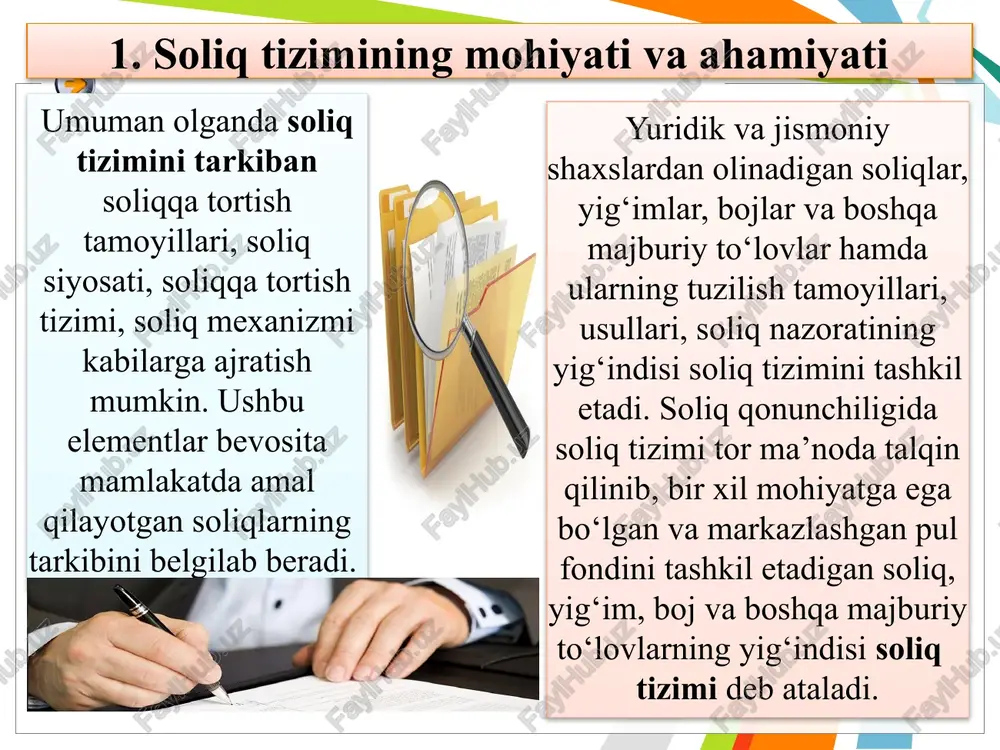 2 1 i soliqlar soliqqa tortish ob’ektiga qarab to’rt guruhga bo‘linadi: 4 3. daromaddan olinadigan soliqlar. bunga yuridik shaxslardan olinadigan foyda solig‘i, jismoniy shaxslarning daromad solig‘i va boshqalar kiradi. 12 soliqlarni guruhlanishi soliqlar iqtisodiy mohiyatiga ko’ra: 1. to’g’ri (bevosita) soliqlar. 2. egri (bilvosita) soliqlarga bo’linadi. ii budjet bo’g’inlariga tushishiga ko’ra: 1. umumdavlat soliqlar. 2. mahalliy soliqlarga bo’linadi. iii soliq to’lovchilarga ko’ra: 1. yuridik shaxslardan olinadigan soliqlar. 2. jismoniy shaxslardan olinadigan soliqlar. iv © copyright presentationgo.com – the free powerpoint template library 13 3. to‘g‘ri va egri soliqlar to‘g‘ri va egri soliqlar bonus to‘g‘ri soliqlarni to‘g‘ridan to‘g‘ri soliq to‘lovchilarning o‘zi to‘laydi, ya‘ni soliqni huquqiy to‘lovchisi ham, haqiqiy to‘lovchisi ham bitta shaxs bo‘ladi. to‘g‘ri soliq yukini boshqalar zimmasiga yuklatish holati bu yerda bo‘lmaydi. bu soliqlar tarkibiga barcha daromaddan to‘lanadigan soliqlar va mol-mulk (resurs) soliqlari kiradi. egri soliqlarni huquqiy to‘lovchilari mahsulot (xizmat) larni yuklab yuboruvchilar hisoblanadi. lekin, soliq og‘irligini haqiqatdan ham byudjetga to‘lovchilari …