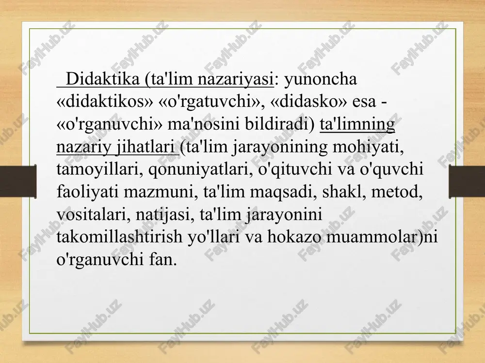 arini o'stirish va dunyoqarashlarini tarbiyalashga yo'naltirilgan jarayon; dars — bevosita o'qituvchi rahbarligida muayyan o'quvchilar guruhi bilan olib boriladigan ta'lim jarayonining asosiy shakli; bilim olish — idrok etish, o'rganish, mashq qilish va muayyan tajriba asosida xulq-atvor hamda faoliyat ko'nikma, malakalarining mustahkamlanib, mavjud bilimlarning takomillashib, boyib borish jarayoni; www.arxiv.uz 4. ta'lim jarayoni — o'qituvchi va o'quvchilar o'rtasida tashkil etiluvchi hamda ilmiy bilimlarni o'zlashtirishga yo'naltirilgan pedagogik jarayon. 5. o'quv fani - ta'lim muassasalarida o'qitilishi yo'lga qo'yilgan hamda o'zida muayyan fan sohasi bo'yicha umumiy yoki mutaxassislik bilim asoslarini jamlagan manba. 6. ta'lim mazmuni — davlat ta'lim standartlari asosida belgilab berilgan hamda ma'lum sharoitda muayyan fanlar bo'yicha o'zlashtirilishi nazarda tutilgan ilmiy bilimlar mohiyati. pedagogik jarayon va uning tuzilishi. pedagoglik kasbining paydo bo’lishiga e’tibor qaratilsa, shu narsa ko’rinadiki, dastlab uning doirasida differensiallashuv va integratsiyalashuv jarayoni chegaralangan bo’lsa, keyinchalik ta’lim va tarbiya bir-biriga qarama-qarshi qo’yila boshladi: o’qituvchi o’qitadi, tarbiyachi esa tarbiyalaydi. lekin xix asrga kelib, taraqqiyparvar pedagoglarning …