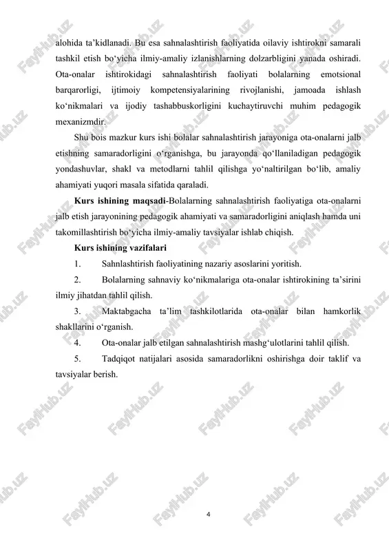 ikda harakat qilish kabi jarayonlarda faol ishtirok etadilar. bu esa ularda muloqot madaniyati, jamoaviylik, tashabbuskorlik va mustaqil fikrlash qobiliyatlarini shakllantiradi. sahnlashtirish faoliyatining maqsadi — bolalarning nutq, tafakkur, emotsional holati, ijodiy tasavvuri va ijtimoiy kompetensiyalarini rivojlantirishdir. sahnadagi har bir obrazni his qilish, unga mos ovoz, mimika va harakatlarni topish bolada kuzatuvchanlik, analiz qilish, o‘z his-tuyg‘ularini boshqarish kabi psixologik jarayonlarni faollashtiradi. sahnaga chiqish jarayoni bolalarning o‘ziga bo‘lgan ishonchini mustahkamlaydi, ijtimoiy faollikka undaydi, jamoat oldida so‘zlash ko‘nikmalarini shakllantiradi. bolalar rivojlanishidagi ahamiyatga kelganda, sahnalashtirish faoliyati bolalarning har tomonlama shakllanishida yetakchi o‘rin egallaydi. avvalo, nutqiy rivojlanishda matnni to‘g‘ri talaffuz qilish, intonatsiyani moslashtirish, iboralar ustida ishlash orqali lug‘at boyligi kengayadi. ijodiy rivojlanishda esa bola obraz yaratish, tasavvur qilish va o‘zgacha yechim topish imkonlariga ega bo‘ladi. sotsial rivojlanishda bolalar birgalikda sahnaga tayyorlanish jarayonida o‘zaro yordam, mas’uliyat, muvofiqlik kabi ijtimoiy ko‘nikmalarni egallaydilar. sahnlashtirish faoliyati bolaning emotsional-intellektual olamini boyitadi, unda o‘zini boshqalarning o‘rniga qo‘yish — empatiya tuyg‘usini shakllantiradi. bola …