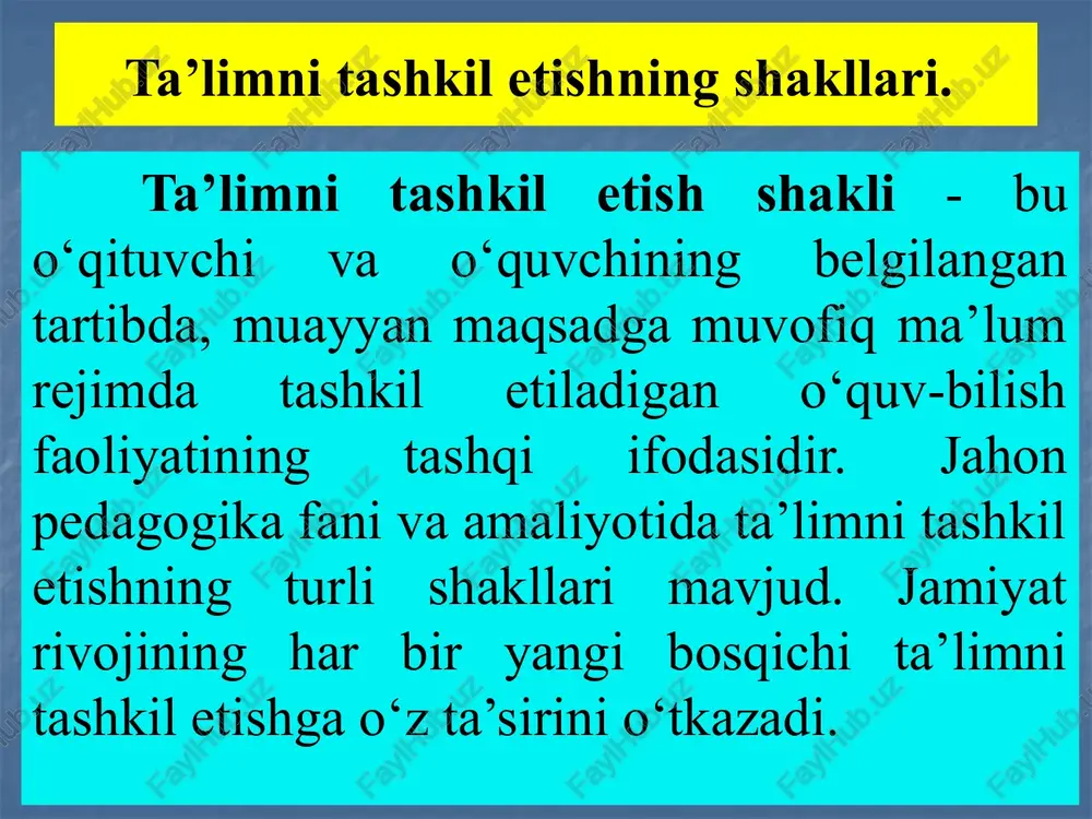 o‘ziga xos belgilariga ega, chunonchi: o‘quvchilarning doimiy guruhi, o‘quvchilar faoliyatiga ulaming har biri xususiyatlarini hisobga olish bilan rahbarlik qilish, o‘rganilayotgan fan asoslarini bevosita darsda egallab olish. darsning turlari va tuzilishi. darsning quyidagi turlari mavjud: aralash (kombinatsion dars). yangi bilimlarni bayon qilish darsi. o‘rganilganlarini takrorlash va mustahkamlash darsi. o‘quvchilarning bilim, ko‘nikma va malakalarini nazorat qilish darsi. laboratoriya darslari. amaliy darslar. aralash darsning tuzilishi: yangi hilimlarni bayon qilish darsining tuzilishi: tashkiliy qism; o‘tilgan mavzuni takrorlash (uy vazifasini tekshirish); yangi mavzuni bayon qilish; o‘rganilgan materialni mustahkamlash; o‘quvchilami baholash; uy vazifasi. tashkiliy qism; yangi mavzuni bayon qilish; o‘rganilgan materialni mustahkamlash; uy vazifasi. o‘rganilganlarni takrorlash va mustahkamlash darsining tuzilishi: o‘quvchilarning bilim, ko‘nikma va malakalarini nazorat qilish darsining tuzilishi: tashkiliy qism; b) o‘rganilgan mavzularga doir savol-javob o‘tkazish; v) o‘rganilgan mavzularga doir amaliy topshiriqlami bajarish; g) o‘quychilami baholash. tashkiliy qism; b) o‘rganilganlami umumiy tarzda takrorlash (yodga tushirish); v) nazorat ishini o‘tkazish; g) uy vazifasi (o‘rganilganlami qayta takrorlash …