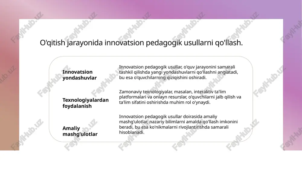 va interaktiv usullar, talabalar uchun ko'nikmalarni rivojlantirishga yordam beradi. kelajak istiqbollari o'qitish metodologiyalarining kelajak istiqbollari, raqamli texnologiyalar va masofaviy ta'limni joriy etishni o'z ichiga olgan holda, ta'lim sifatini oshirishga qaratilgan. o'zbekistonda kasbiy ta'lim boshqaruvi: tarixiy va zamonaviy aspektlar. 1 tarixiy rivojlanish o'zbekistonda kasbiy ta'lim boshqaruvi sovet davridan boshlab shakllandi, bu esa ta'lim tizimining markaziylashtirilgan strukturasi orqali amalga oshirildi. 2 zamonaviy yondoshuvlar hozirgi kunda o'zbekistonda kasbiy ta'lim boshqaruvi innovatsion usullarga asoslanmoqda, bu esa ta'lim jarayonini zamonaviy texnologiyalar bilan boyitishga yordam beradi. 3 muammolar va yechimlar o'zbekistonda kasbiy ta'lim boshqaruvidagi muammolar, masalan, malaka oshirish va resurs yetishmasligi, yangi strategiyalar ishlab chiqishni talab qilmoqda. pedagogik boshqaruvning o'zgarishi: o'zbekistonda ta'lim strategiyalari. 1 pedagogik boshqaruv - o'zbekistonda pedagogik boshqaruv, ta'lim jarayonlarini samarali boshqarish uchun yangi strategiyalar va yondashuvlar bilan yangilanmoqda. 2 o'zgarish sabablari - pedagogik boshqaruvdagi o'zgarishlar, global ta'lim standartlariga moslashish, iqtisodiy o'sish va ijtimoiy talablar bilan bog'liq. 3 innovatsion yondashuvlar - innovatsion ta'lim metodlari, …