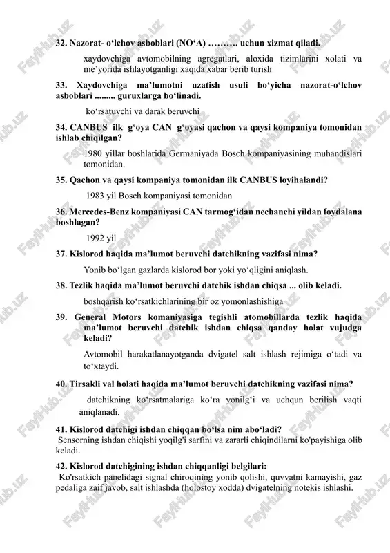 . kislorod datchigining ishdan chiqqanligi belgilari: ko'rsatkich panelidagi signal chiroqining yonib qolishi, quvvatni kamayishi, gaz pedaliga zaif javob, salt ishlashda (holostoy xodda) dvigatelning notekis ishlashi. 43. detonatsiya datchigi elektron boshqaruv blogiga nima haqida ma’lumot beradi? aralashmaning uchqun berilishini kutmasdan, o'z-o'zidan (portlab) yonib ketgani haqida ma’lumot beradi. 44. silindrda alanganing normal tarqalish tezligi qancha? 20 - 40 m/s 45. detonatsiyali (portlab) yonishda silindrda alanganing tarqalish tezligi qancha? 2000 – 4000 m/s 46. massaviy havo sarfi datchigi bergan ma’lumot asosida elektron boshqaruv bloki nimani miqdorini belgilaydi? yetkazib berilishi kerak bo‘lgan yoqilg'i miqdorini belgilaydi. 47. massaviy havo sarfi datchigi ishdan chiqsa nima bo‘ladi? yoqilg'ini ortiqcha purkalishiga yoki aksincha, yetarli darajada yoqilg'i purkalmasliga olib keladi. 48. kislorod datchigi elektron boshqarish blogiga yonib bo‘lgan gazlar tarkibida kislorod bor degan ma’lumot yuborsa qanday aralashma bo‘ladi? kambag’al aralashma 49. kislorod datchigi elektron boshqarish blogiga yonib bo‘lgan gazlar tarkibida kislorod yo’q degan ma’lumot yuborsa qanday aralashma bo‘ladi? boy …