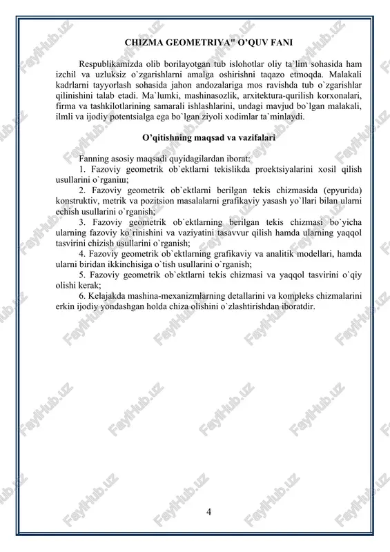 i tasavvur qilish hamda ularning yaqqol tasvirlarini yasash usullari; 4. geometrik shakllarning chizmalarini bajarish va o‘qish orqali o‘quvchining fazoviy tasavvurini rivojlantirish usullari. ma’lumki, geometrik shaklning xossalarini analitik va grafik usullarda tekshirish mumkin. figuralarning grafik modeliga asosan ularning analitik usulda berilishini va aksincha, figuralarning analitik ko‘rinishidan ularning chizmalarini yasash usullarini chizma geometriyada ham ko‘rish mumkin. loyihalanadigan buyumlarni faqatgina grafik usulda tasvirlash hozirgi zamon ishlab chiqarishi talablarini qanoatlantirmaydi. shuning uchun chizmalarni bajarishda grafik usullar bilan birgalikda analitik usullardan ham foydalaniladi. keyingi yillarda buyumlarning chizmalarini kompyuter grafikasi vositalari yordamida tayyorlashda avtomatlashtirilgan loyihalash tizimlarining kirib kelishi chizma geometriya fanining rivojlanishtirishda yangicha mazmun kasb etmoqda. 1.2. proyeksiyalash usullari. muhim geometrik tushunchalardan biri – shakllarni tasvirlashdir. geometrik tasvirlash bu biror  shaklning nuqtalari bilan ikkinchi  shaklning nuqtalari orasida bir qiymatli moslik o‘rnatishdir. chizma geometriyada uch o‘lchamli r3 fazoning (tekislikning) har bir nuqtasini ikki o‘lchamli r2 fazoning (tekislikning) har bir nuqtasiga aniq grafik qoidalar asosida mos …