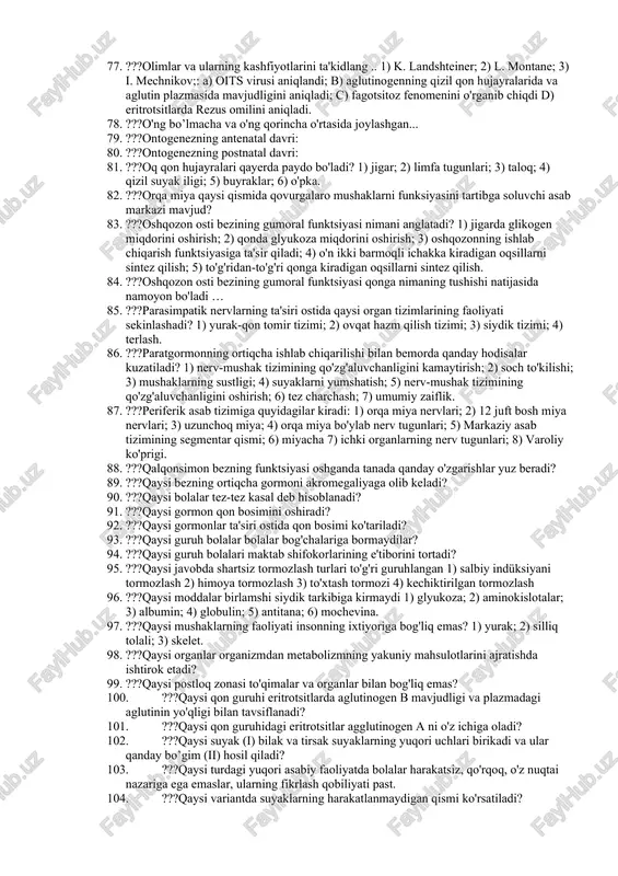 chburchak shaklida; b) ochilgan; c) ochiq; d) yopiq 43. ???jismoniy rivojlanish ko'rsatkichlariga quyidagilar kiradi: 44. ???katta qon aylanish doirasi qayerda boshlanadi (i) va qayerda tugaydi(ii)? 1) o'ng bo’lmacha; 2) o'ng qorincha; 3) chap bo’lmacha; 4) chap qorincha. 45. ???katta qon aylanish doirasi qanday javobda to'g'ri ko'rsatiladi? 46. ???katta qon aylanishida qon oqimining ketma ketligi qanday tarzda amalga oshadi? 47. ???kichik qon aylanishida kapillyarlarining roli qanday? 48. ???klapanlar qayerda joylashgan: yarim oysimon - i; ikki tasbaqali - ii; uch tabaqli - iii? 49. ???ko'p limfa tugunlari inson tanasining qaysi qismlarida to'plangan?1) kaftda; 2) tizza bo’gimida 3) ko'zlarda; 4) bo'yin ustida; 5) yuzda; 6) miyada; 7) tirsak bukilmalarida; 8) qo'llar va oyoqlarning mushaklarida. 50. ???ko'z gavhari hos kasalliklarni aniqlang. 1) yorug'lik nurlarining sinishi. 2. rangni aniqlash. 3. akkomodasiya 4. gipermetropiya. 5. daltonizm. 6. miyopiya. 7. shapko’rlik. 51. ???ko'z gavhari xos bo'lgan kasalliklarni ko'rsating.1.yoruglik nurlarining sinishi. 2. rangni aniqlash. 3. akomodasiya. 4. gipermetropiya. …