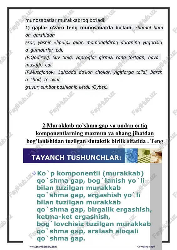 · murakkab qo’shma gapda ergash gaplarning bosh gapga bog’lanish usuli 2 xil: · 1. birgalik ergashish. · 2. ketma-ket ergashish. birgalik ergashish · qo’shma gap tarkibidagi ergash gaplarning har biri gapga to’g’ridan -to’g’ri bog’lansa, birgalik ergashish deyiladi. · masalan: mana bu kanal bitsa, yangi er ochilsa, paxta ham ko’payadi. · ergash gaplarning turiga ko’ra, bu murakkab qo’shma gap ikki xil bo’ladi. aralash murakkab qo‘shma gaplarning o‘rganilishi aralash murakkab qo‘shma gap bir necha ko‘rinishga ega bo‘lishi mumkin: · 1) bog‘lanish va ergashish yo‘li bilan tuzilgan murakkab qo‘shma gap. bunday gaplarning qismlari ham tenglanish, ham tobelanish aloqalari orqali sintaktik munosabatga kirishadi. masalan, qutidor do‘koniga jo‘nagandan keyin, oftob oyim to‘ybekani mehmonxonaga buyurdi va o‘zi xamir qilishga o‘tirdi. (a.qodiriy). keltirilgan misolda birinchi gap (payt ergash gap) ikkinchi gapga (bosh gapga) ergashish yo‘li bilan birikkan, bularning ikkalasi uchinchi gap bilan “va” biriktiruv bog‘lovchisi orqali bog‘lanish yo‘li bilan munosabatga kirishgan. yana bir misol: qilichdan yetgan jarohat …
