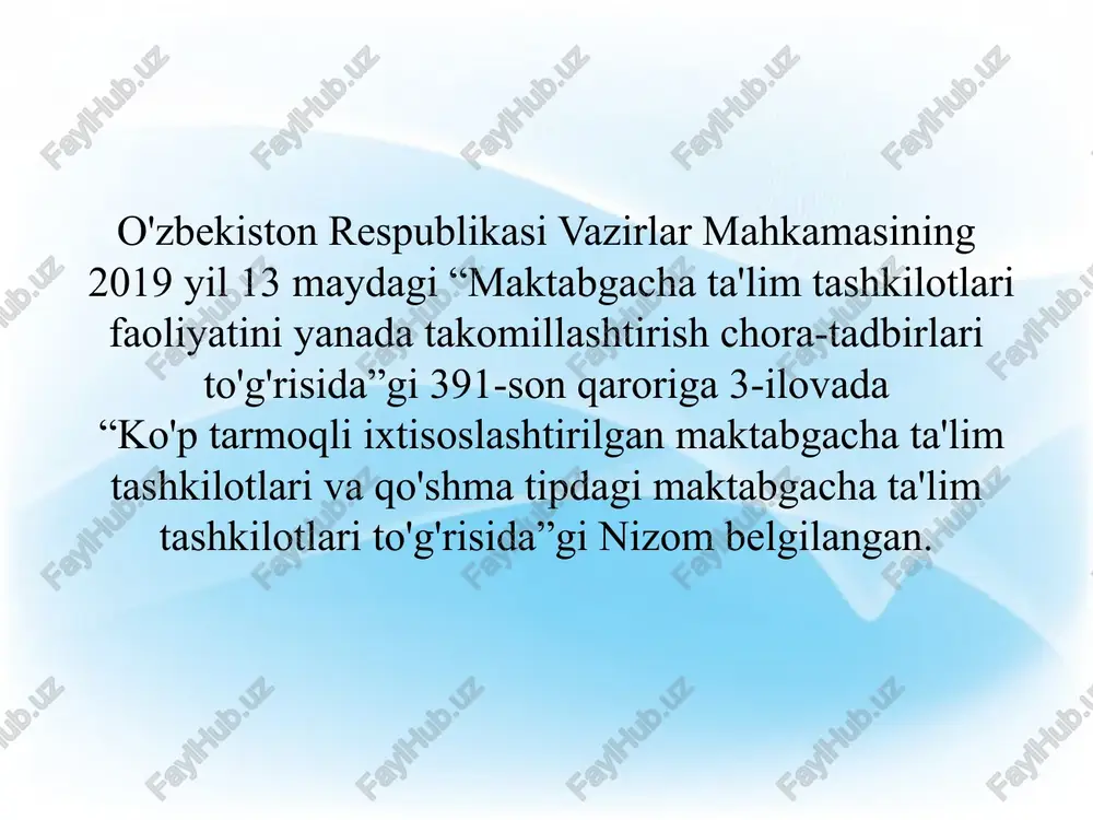 qarorlariga oʻzgartirish va qoʻshimchalar kiritish toʻgʻrisida” 510-son qarori 4. o'zbekiston respublikasi maktabgacha ta'lim vazirligi: www.mdo.uz 5. maktabgacha ta'lim tashkilotlari direktor va mutaxassislarini qayta tayyorlash va ularning malakasini oshirish instituti: www.mdomoi.uz e'tiboringiz uchun rahmat! image1.jpeg image2.jpeg image3.jpeg image4.jpeg image5.jpeg image6.jpeg media1.mp4 media2.wav image7.png image8.png image9.jpeg image10.jpeg image11.png image12.png image13.png image14.jpeg /docprops/thumbnail.jpeg