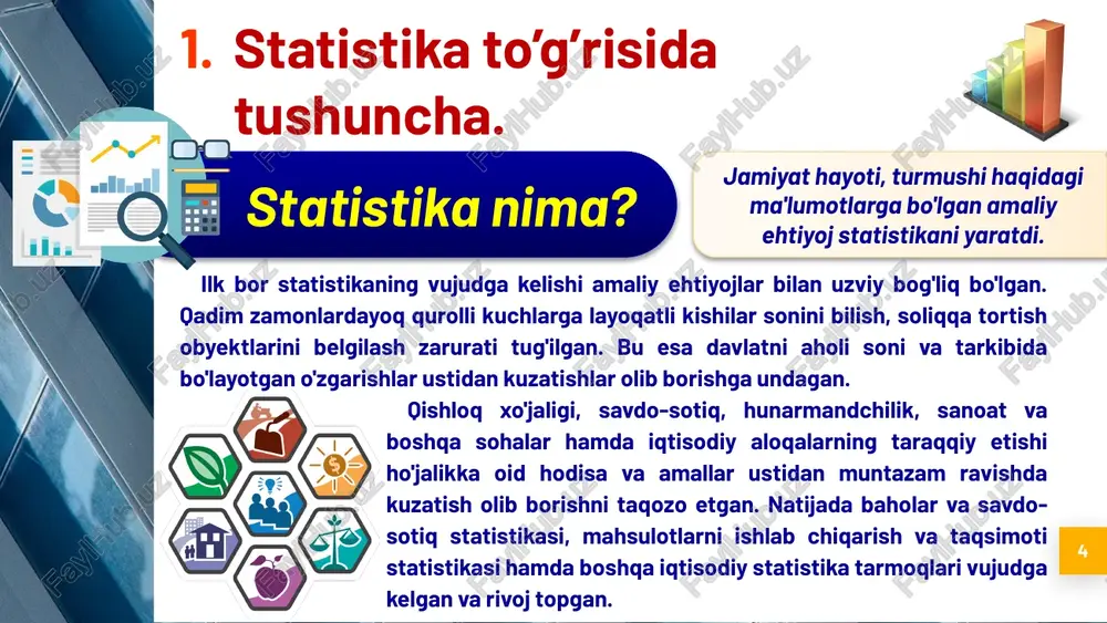 rolidir”, deb hisoblaydi. r. fisher statistikani amaliy matematikaning bir tarmogʼi deb fikr yuritadi. boshqa bir guruh olimlar statistika ham fan, ham metod deb tasdiqlaydilar. ijtimoiy hayotdagi xodisalar uning predmeti boʼlsa, metod unga nisbatan keng maʼnoga egadir, deyishadi. statistika fanining predmeti va usullari 11 statistika mustaqil ijtimoiy fan boʼlib, u oʼz predmeti va xususiy metodlariga egadir. statistika fanining predmeti deb ommaviy hodisa va jarayonlarning miqdoriy tomonlarini ularning sifat tomonlari bilan uyg’unlikda, aniq makon va zamonda o’rganishga aytiladi. statistikaning o’rganish ob’ekti insoniyat hayotida ro’y beradigan barcha ommaviy voqea va hodisalardir. statistika fanining predmeti va usullari 12 statistik usullar guruhlari statistik kuzatishni tashkil etish va o’tkazish usullari statistik kuzatish ma’lumotlarni qayta ishlash jarayonida qo’llaniladigan guruhlash usullari to’plangan ma’lumotlarni umumlashtirish usullari statistika fanining predmeti va usullari 13 statistik metodologiya bosqishlari o’rganilayotgan ob’ekt to’g’risidagi ma’lumotlarni to’plash jamlash va guruhlash umumlashtiruvchi ko’rsatkichlarni hisoblash va talqin qilish statistika fanining predmeti va usullari 14 statistik ma’lumotlar manbai birlamchi …