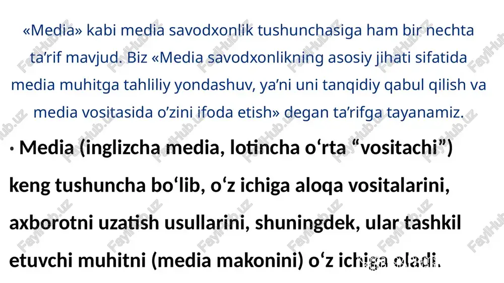 risida”gi qonun qabul qilindi. mazkur qonun milliy axborot makonining yanada shaffof bo‘lishiga, uning kengayishiga hamda global axborot makonida o‘zbekiston imijining, milliy kontent mazmuni, shakli va usullarining boyishiga xizmat qilishi shubhasiz. dunyoning qator rivojlangan mamlakatlarida virtual olam muammolari, jumladan, virtual axloqqa oid ko‘plab ilmiy tadqiqotlar olib borilmoqda. american university of paris (fransiya)da insonning virtual olamdagi muammolarga axloqiy munosabatini rivojlantirish, shaxs va jamiyatga salbiy ta’sirini asoslash. stenford university (aqsh)da shaxsning ijtimoiy ongi shakllanishida virtual axborot madaniyatining amaliy jihatlarini ifodalash. seoul national university (j.koreya) da virtual olam muammolarining omillari, xususiyatlari o‘rganilmoqda. 2-reja «... yosh avlod tarbiyasi hamma zamonlarda ham muhim va dolzarb ahamiyatga ega bo‘lib kelgan. ammo biz yashayotgan xxi asrda bu masala haqiqatan ham hayot-mamot masalasiga aylanib bormoqda» axborot savodxonligi – axborotni tanlash, baholash, qayta ishlash va uzatish borasidagi ko‘nikmalar va malakalar majmuini bildiradi. axborot ehtiyojlarini aniqlash va shakllantirish axborotni izlash va unga egalik qilish axborotni baholash axborotni tizimlashtirish axborotdan axloqiy qoidalarga …