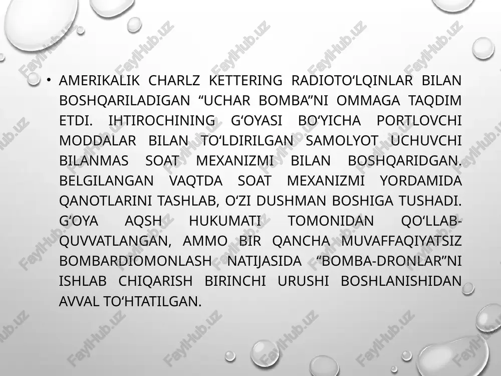 gateli bilan jihozlangan bo'lib, barcha parraklarning ishlashi mikroprotsessor tizimi va qurilmaning havoda barqaror holatini ta'minlovchi uchta giroskop orqali boshqariladi. zamonaviy kvadrokopterlarning paydo bo'lishi dunyodagi birinchi zamonaviy ko'rinishdagi kvadrokopterlar modellari 2006-yilda germaniyaning mikrokopter kompaniyasi tomonidan ishlab chiqarila boshlandi. bu qurilmalar o'sha paytlarning o'zidayoq, allaqachon bortli mikrokontroller, giroskoplar, barometr va akselerometrlar bilan jihozlangan bo'lib, parvozda juda barqaror edi. bir oz vaqt o'tib, gps moduli, ya'ni ularni joylashishini belgilab beruvchi qurilma bilan boyitildi. kvadrokopterlarni ishlab chiqarish va ularni bozorda sotish ikki yo'nalishda ketdi: turli sohalarda ishlatishga to'liq tayyor qurilmalar ishlab chiqish; qurilmalarni foydalanish sohasiga qarab uni moslashtirish uchun ularga mikrokontrollerlar va dasturiy ta'minot ishlab chiqish. uchuvchisiz uchish apparatlari uchuvchuvchisiz uchish apparatlari ko'rinishiga qarab ikki turga bo'linadi: samolyot ko'rinishidagi kvadrokopter (dronlar, konvertoplan) uchuvchichiz uchish apparatlari manbalar : https://iot.ru/selskoe-khozyaystvo/bpla-kak-osnova-zemledeliya-blizhayshego-budushchego http://agroden.ru/article/selskohozaistvennye-drony-bespilotniki http://svetich.info/publikacii/tochnoe-zemledelie/opyt-i-perspektivy-primenenija-bespilotn.html http://robotrends.ru/robopedia/selskoe-hozyaystvo-i-bespilotniki http://nauka-rastudent.ru/12/2246/ t - jadval 5 minut vaqt ichida juftlikda samolyot yoki kopter turidagi uchuvchisiz uchish apparatlari uchun jadvalni to'ldiring bir tomonida tarafdorlik sabablari …