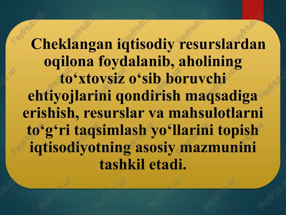 igi, uning mudofaa qobiliyatining mustahkamligi, yurt farovonligi, ijtimoiy-madaniy tadbirlar, huquq-tartibot ishlarining yuqori darajada amalga oshirilishi va boshqalar. jamiyat ehtiyojlariga quyidagi bir qator omillar ta’sir ko`rsatadi: 1 2 3 4 5 6 taraqqiyot darajasi; jamiyatdagi ijtimoiy-iqtisodiy tuzum; tabiiy-geografik sharoitlar; tarixiy-milliy an’analar va urf-odatlar; aholi sonining o`sishi, uning tarkibidagi o`zgarishlar; xalqaro, davlatlar, millatlar va mintaqalar o`rtasidagi aloqalar. 15 iqtisodiy resurslarni quyidagi guruhlarga ajratish mumkin: tabiiy resurslar ishchi kuchi resusrslari kapital yer, yer osti boyliklari, suv, o`rmon va biologik resurslar kishilarning aqliy va jismoniy qobiliyatlari foyda olish maqsadida ishlatiladigan binolar, stanoklar, mashinalar, asbob-uskunalar, inshootlar, qurilmalar, sotishga tayyor tovarlar, pul mablag`lari va boshqalar tadbirkorlik qobiliyati kishilarning ishlab chiqarish va xizmat ko`rsatish jarayonlarini tashkil etish va boshqarish qobiliyatlari iqtisodiy resurslar, imkoniyatlar ishlab chiqarish yoki xizmat ko`rsatish darajasi ehtiyojlarning qondirilish darajasi iqtisodiy resurslar va ehtiyojlarning qondirilish darajasi o`rtasidagi bog`liqlik 2. iqtisodiyot nazariyasining fan sifatida shakllanishi iqtisodiyot nazariyasi mustaqil fan sifatida ko`pgina mamlakatlarda milliy bozor shakllangan va …