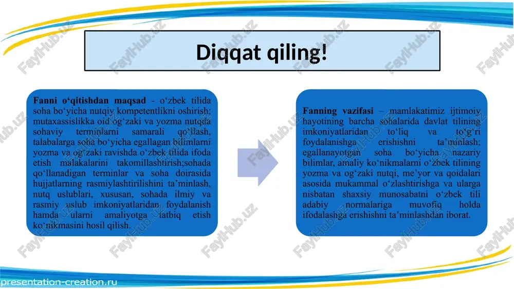 am inson, uning manfaatlari, kamoloti va taraqqiyoti yotadi. 3.o‘zbek tili va davlat qonunlari o‘zbekiston respublikasi vazirlar mahkamasining 1996-yil 10-sentabrdagi 311-sonli qarori bilan “davlat tili haqida”gi o‘zbekiston respublikasi qonunining amalga oshirilishini ta’minlash davlat dasturi o‘zgartirish va qo‘shimchalar kiritilgan yangi tahrirda tasdiqlandi. davlat dasturiga asoslanib o‘zbekiston respublikasi oliy va o‘rta maxsus ta’lim vazirligi 1996-yil 14-noyabrda o‘zbekiston respublikasining “davlat tili haqida” (yangi tahrirda)gi qonunini bajarish tadbirlari to‘g‘risida 267-sonli buyruq chiqardi. unda o‘quv yurtlarida xodimlar va talabalar uchun “davlat tilida ish yuritish, hujjatchilik va atamashunoslik” kurslarini 1997-yildan e’tiboran doimiy ravishda tashkil etish qat’iy qilib qo‘yildi. o‘zbekiston respublikasi vazirlar mahkamasining qarori, davlat dasturi, oliy va o‘rta maxsus ta’lim vazirligining buyrug‘i asosida o‘quv jarayoniga tatbiq etib kelinayotgan mazkur kurs “davlat tili haqida”gi qonunning quyidagi moddalariga tayanadi: 7-modda. davlat tili rasmiy amal qiladigan doiralarda o‘zbek adabiy tilining amaldagi ilmiy qoidalari va normalariga rioya etiladi. davlat o‘zbek tilining boyitilishi va takomillashtirilishini ta’minlaydi, shu jumladan, unga hamma e’tirof qilgan …