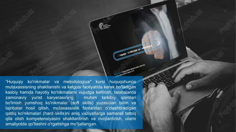 nglay olish, empatiya, jamoada ishlay bilish, liderlik, vaqtni boshqarish, maqsad qo'yish va boshqalarni sanash mumkin. ularni baholash murakkabroqdir. odatda ish beruvchilar ishga qabul qilishda intervyudan o'tkazish jarayonida bo'lajak xodimlarida bunday ko'nikma va malakalarning mavjudligini tekshirib ko'radilar. ularga psixologik savollar beradilar. bunday amaliyot asosan rivojlangan xorijiy davlatlarda uchraydi. "soft skills"lar juda keng. tahlillar uning predmetini quyidagilar tashkil etishini ko'rsatmoqda. ularni ushbu sxema orqali tasvirlash mumkin. • maqsadni belgilash; o'ziga bo'lgan ishonchni shakllantirish; tanqidiy mushohada yuritish; o'zganing holatini his etish; muloqot; moslashuvchilik; stressni yengish; liderlik; jamoada ishlash; javobgarlikni his etish; muammolarga yechim berish; kreativlik; vaqtni to'g'ri boshqarish va h.k. yuristlar uchun "soft skills" qay darajada muhim? yuristlar ham, boshqa aksariyat kasb egalari singari, mijozlar bilan ishlaydilar. ya'ni yuristlar mijozlar bilan shaxslararo munosabatga kirishadilar. binobarin, o'zlari yollanib ishlayotgan yuridik firma yoki biron muassasa va kompaniyada yuridik xizmatni amalga oshirish jarayonida ular ushbu muassasa va kompaniyaning rahbarlari, jamoasi bilan shaxslararo munosabatga kirishadilar. demak, yuristlar …