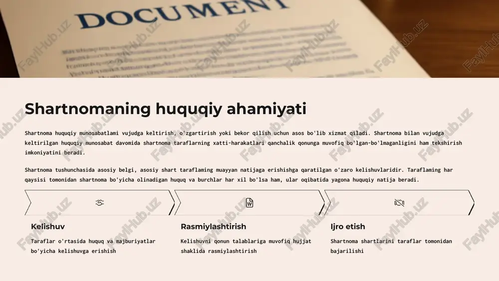 ridik shaxs tashkil etish uchun uning muassislari o'rtasida tuziladigan shartnoma konsorsium shartnomasi bir necha shaxslarning birgalikda loyihani amalga oshirish uchun tuzadigan shartnomasi 8 shartnomalar: haq to'lash asosiga ko'ra shartnomalar haq baravariga va tekinga tuziladigan shartnomalarga bo'linadi. haq baravariga tuziladigan shartnomalar bir taraf topshirgan mulki, qilgan xizmati evaziga pul yoki mulk bilan haq oladi. agar qonun hujjatlaridan boshqacha qoida kelib chiqmasa, shartnomaning mazmuni mohiyatidan o'zgacha hol anglashilmasa, shartnoma haq evaziga tuzilgan shartnoma, deb hisoblanadi. haq baravariga tuziladigan shartnomalar bir taraf topshirgan mulki, qilgan xizmati evaziga pul yoki mulk bilan haq oladi. oldi-sotdi shartnomasi ijara shartnomasi pudrat shartnomasi xizmat ko'rsatish shartnomasi tekinga tuziladigan shartnomalar bir taraf boshqa bir taraf foydasiga haq olmay, biron-bir mulkni topshirish, biron ishni bajarishi mumkin. hadya shartnomasi tekin foydalanish shartnomasi foizsiz qarz shartnomasi 9 haq baravariga tuziladigan shartnomalar haq baravariga tuziladigan shartnomalarda bir taraf topshirgan mulki, qilgan xizmati evaziga pul yoki mulk bilan haq oladi. masalan, bir taraf …