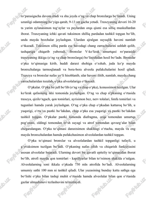 mon tuzilgan bo‘ladi. o‘pkaning nafas olish va chiqarish funksiyasini asosan alveolalar bajaradi. ularning devori bir qavatli epiteliy to‘qimasidan iborat bo‘lib, atrofi mayda qon tomirlari - kapillyarlar bilan to‘rsimon shaklda o‘ralgan. alveolalarning soni ikkala o‘pkada 750 mln atrofida bo‘ladi. alveolalarning umumiy sathi 100 mm ni tashkil qiladi. ular yuzasining bunday katta sathga ega bo‘lishi o‘pka bilan tashqi muhit o‘rtasida hamda alveolalar bilan qon o‘rtasida gazlar almashinuvi tezlashuvini ta'minlaydi. plevra pardasi. o‘pkalar tashqi tomondan plevra pardasi bilan o‘ralgan. u ikki qavatdan (ichki va tashqi) iborat bo‘lib, ular orasida plevra bo‘shlig‘i hosil bo‘ladi. plevra bo‘shlig‘i ichidagi bosim atmosfera bosimiga nisbatan kam, ya'ni manfiy bo‘ladi. bu esa nafas olgan paytda o‘pka go‘qimasining kengayishiga va undagi alveolalarga havo kirishiga, nafas chiqarganda esa torayib, alveolalardagi havoni qisib chiqarishga imkon beradi. o‘pkalar katta qon aylanish doirasidan kelgan bronxial arteriya tomiri orqali oziqlanadi. kichik son aylanish doirasining tomirlari, ya'ni o‘pka arteriyalari va o‘pka venalari o‘pka to‘qimasini oziqlantirishda ishtirok …