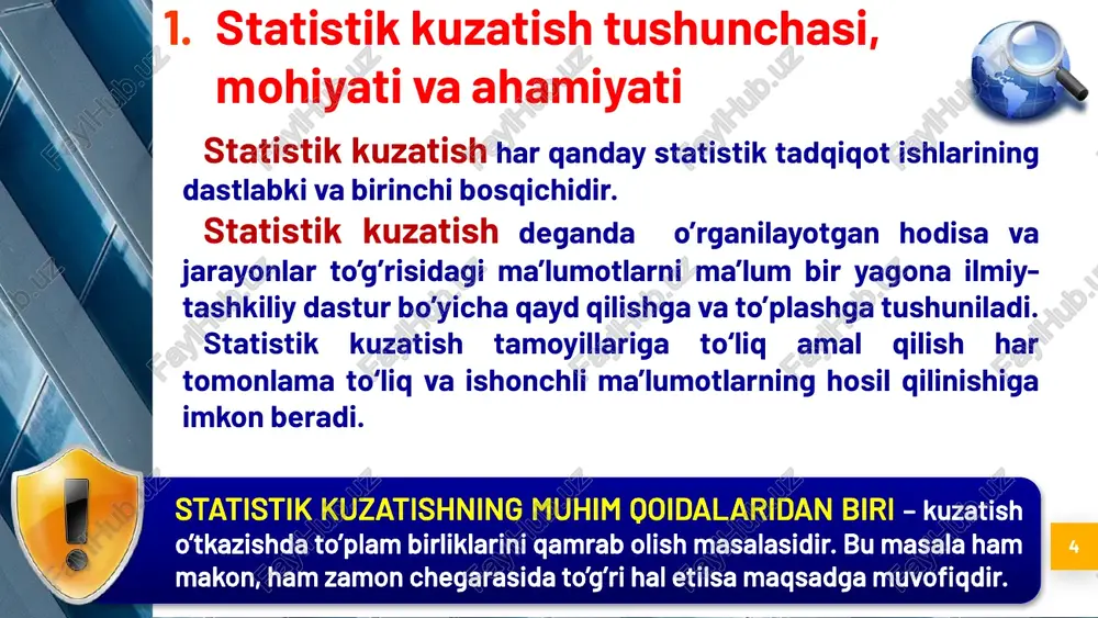 ish bu birorta masalani echish uchun o’tkazilgan kuzatishga aytiladi. masalan, savdo korxonalarini jihozlanish darajasining bozor iqtisodiyoti talablariga javob berishi va bermasligini o’rganish uchun maxsus kuzatish o’tka-zishdir. 2. statistik kuzatish shakllari, turlari, usullari va ularning o‘ziga xos jihatlari 10 statistik kuzatish to'plam birliklarini qamrab olish darajasiga qarab ikki turga bo‘linadi: statistik kuzatish yoppasiga kuzatish to’plam birliklarining barchasi kuzatiladi. masalan, o’zbekistonda 2022 yilda o’tkaziladigan aholi ro’yxati, respublika fuqarolarning barchasi (qaerdaligidan qat’iy nazar) ro’yxatga olinadi. qisman kuzatish o’rganilayotgan to’plam birliklarining bir qismi kuzatishga jalb qilinadi. 2. statistik kuzatish shakllari, turlari, usullari va ularning o‘ziga xos jihatlari 11 aholini ro’yxatga olish bo’yicha me’yoriy-huquqiy hujjatlar harakatlar strategiyasini “faol tadbirkorlik, innovatsion gʼoyalar va texnologiyalarni qoʼllab-quv-vatlash yili”da amalga oshirishga oid davlat dasturi toʼgʼrisida”gi pf-5308-son farmoni bilan tasdiqlan-gan davlat dasturining 38-bandi. oʼzbekiston respublikasi prezi-dentining 2019 yil 5 fevraldagi “oʼzbekiston respublikasida 2022-yilda aholini roʼyxatga olishni oʼtkazish kontsept-siyasini tasdiqlash toʼgʼrisida”gi pf-5655-son farmoni oʼzbekiston respublikasining 2020-yil 16-martda qabul qilin-gan “aholini roʼyxatga …