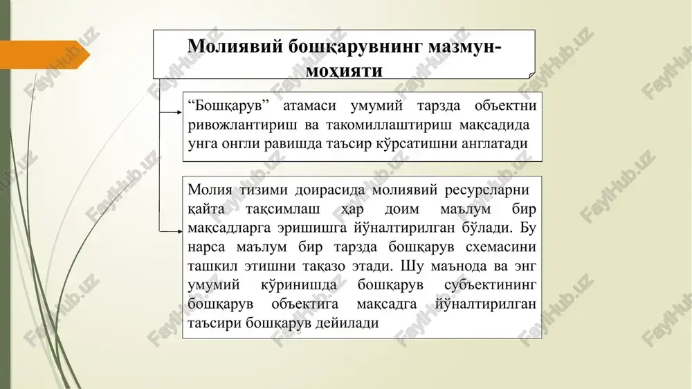 barcha funktsional sohalarini kadrlar bilan ta’minlaydigan kadrlar bo‘limi bilan bog‘liq. moliyaviy menejer har bir bo‘limning ishchi kuchiga bo‘lgan ehtiyojini sinchkovlik bilan baholashi va moliyani kadrlar bo‘limiga ish haqi, mukofotlar, komissiyalar, pensiyalar va boshqa pul mablag‘lari sifatida kadrlar bo‘limiga ajratishi kerak. demak, moliyaviy menejment inson resurslarini boshqarish bilan bevosita bog‘liqdir. moliyaviy menejmentning asosiy maqsadi hozirgi va kelajakda moliyaviy barqarorlikka ta’sir ko‘rsatadigan moliyaviy qarorlar bo‘yicha korxonalar yoki jismoniy shaxslarga rahbarlik qilishdir. batafsil maqsadlar: raqobatbardosh bozorda samarali faoliyat yuritish va mavqeini mustahkamlash; kompaniyaning vayron bo‘lishi va moliyaviy nochorlikning oldini olish; bozor yetakchiligiga erishish va raqobat muhitida samarali faoliyat yuritish; tashkilot narxining maksimal o‘sish suratlariga erishish; firma zahirasining barqaror o‘sish surati; foydaning maksimal o‘sishi; korxona xarajatlarini minimallashtirish; rentabellik va iqtisodiy samaradorlikni kafolatlaydi. moliyaviy mablag'larning belgilangan yo'nalishda harakatlanishini taqozo etuvchi yoki talab qiluvchi qarorlar moliyaviy qarorlar deyiladi moliyaviy qarorlar deganda foydalaniladigan pul mablag'lari (o'z va qarz mablag'lari)ning tarkibi va hajmi bo'yicha, aylanma va aylanmadan tashqari …