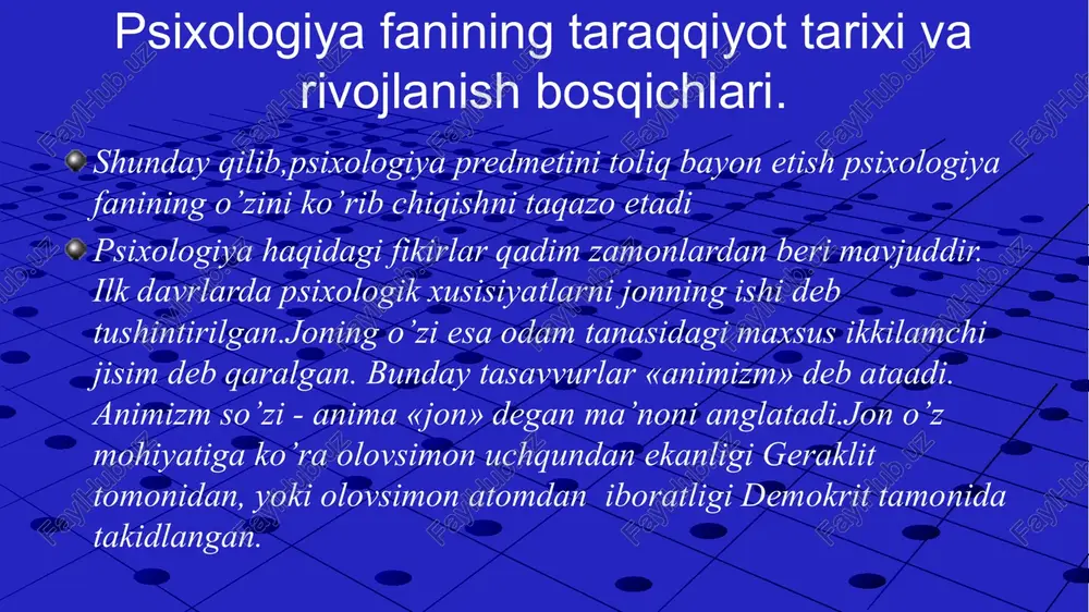 logiyagacha. ilmiy psixologiyaning zamonaviy davri. zamonaviy psixologiyada so’nggi tendensiyalari. erta yosh ilmiy psixologiyagacha zamonaviy psixologik tadqiqotlarning ustuvor yo’nalishlari,ularda to’plangan bilimlarning amalyotda qo’lanilishi. psihologiya fanining ilmiy asosga qurilishida ingliz olimi gobbs (1588-1679) ruhni mutlaqo rad etib, mehanik harakatni yagona voqelik deb tan olib, uning qonuniyatlari psihologiyaning ham qonuniyatlari ekanligini ta'kidladi. e’tiboringiz uchun raxmat ! image4.wmf image5.wmf image6.wmf image7.wmf oleobject1.bin oleobject2.bin oleobject3.bin oleobject4.bin image8.gif image1.jpeg image3.png 20000 1 400 1 100 1 46 1