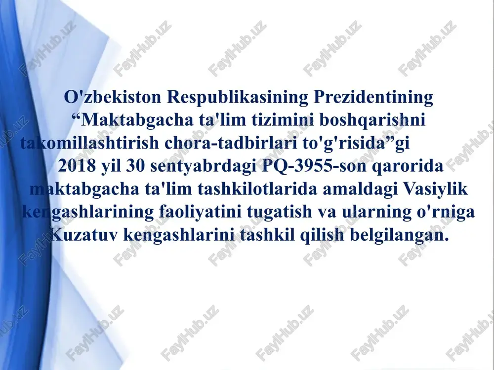 'g'risida”gi o'rq 595-son qonuni 2.o'zbekiston respublikasi vazirlar mahkamasining 2020 yil 22 dekabrdagi “maktabgacha ta'lim va tarbiyaning davlat standartini tasdiqlash to'g'risida”gi pq-802-son qarori. 3.o'zbekiston respublikasi maktabgacha ta'lim vazirining 2019 yil 30 avgustdagi “davlat maktabgacha ta'lim tashkilotlari pedagoglarining ish hujjatlari to'g'risida”gi 155-sonli buyrug'i. e'tiboringiz uchun rahmat! image2.jpeg image3.jpeg image4.jpeg image5.png image6.jpeg /docprops/thumbnail.jpeg