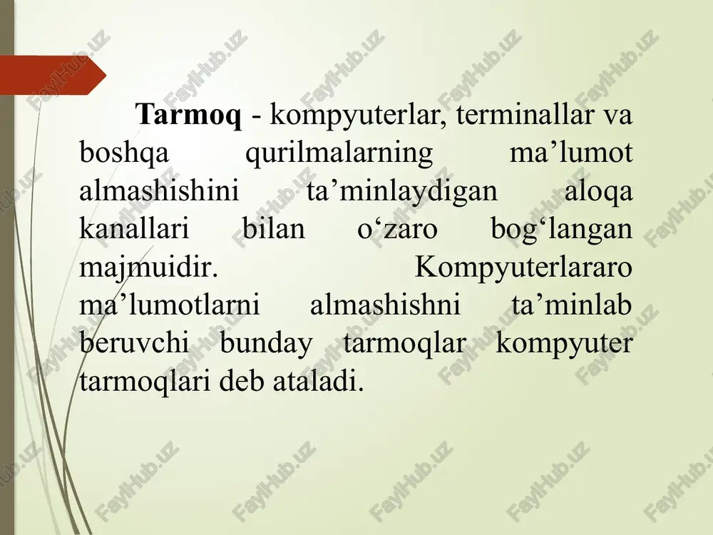 loyatlardagi kompyuterlashtirish markazlari soni 9 tani tashkil etadi. tomas, billur.com, arsenal-d, sarkor telecom, vss, tv-inform va simus. uz domen zonasida domen nomlarini ro‘yxatga olish bo‘yicha registratorlar internet tarmog‘i vazifasi va undan foydalanish maqsadlari. internet tarog‘inig vazifasi internet tarmog‘i abonetlariga veb-hujjatlarni o‘qish, elektron pochta, fayllarni uzatish va qabul qilish, muloqotda bo‘lish, tarmoqda hujjatlarni saqlash va ular bilan ishlash xizmatlarni ko‘rsatishdan iborat. internet tarmog‘idan axborotlarni almashish, masofaviy ta’lim olish, konferensiyalar o‘tkazish, web-saytlarni tashkil etish, elektron pochtani joriy qilish, muloqot o‘rnatish va shu kabi maqsadlarda foydalaniladi. www tushunchasi. www (world wide web) – butun jahon o‘rgimchak to‘ri deb nomlanuvchi tarmoq. www–bu internetga ulangan turli kompyuterlarda joylashgan o‘zaro bog‘langan hujjatlarga murojaat qilishni ta’minlab beruvchi tarqoq tizimdir. aynan mana shu xizmat internetdan foydalanishni soddalashtirdi va ommaviylashtirdi. www asosida to‘rtta poydevor mavjud: 1. barcha hujjatlarning yagona formati (shakli); 2. gipermatn; 3.hujjatlarni ko‘rish uchun maxsus dasturlar (brouzer); 4. yagona manzilni ko‘rsatish tizimi (domen); internet provayderlari va ularning …