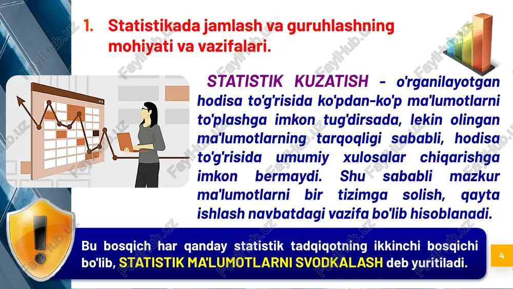 a bo’lgan korxonalar korxonalar ishlab chiqarilgan mahsulot (mln. so’m) o‘sish sur’ati (foizda) 6 160 176,2 110,1 % 10 150 169,0 112,6 % jami (2ta korxona) 310 345,2 111,4 % statistikada jamlash va guruhlashning mohiyati va vazifalari. 13 yuqorida keltirilgan 10 ta korxonani o'sish sur'atlari bo'yicha 4 ta guruhga ajratamiz. 4 – guruh. o’sish sur’ati 120% va undan yuqori bo’lgan korxonalar korxonalar ishlab chiqarilgan mahsulot (mln. so’m) o‘sish sur’ati (foizda) 3 120 150 125,0 % 8 90 110 122,2 % jami (2ta korxona) 210 260 123,8 % statistikada jamlash va guruhlashning mohiyati va vazifalari. 14 guruh № o’sish sur’ati bo’yicha korxonalarning guruhlari korxonalar soni ishlab chiqarilgan mahsulot (mln. so’m) o’sish sur’ati (foizda) sentabr oktabr a b 1 2 3 4 i 100 gacha 3 148 138 93,2 % ii 100-110 3 205 216 105,4 % iii 110-120 2 310 345,2 111,4 % iv 120 va yuqori 2 210 260 123,8 % …