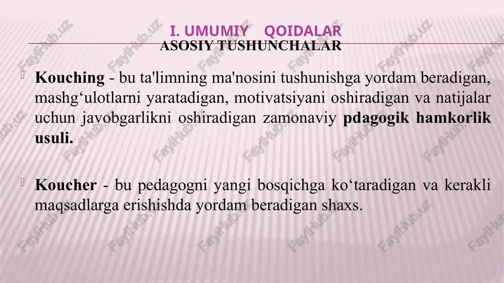 s etmasdan bajarib, o’ziga ishonch hosil qilsa. ish jarayoniga oid bilim va ko‘nikmalarning o‘zlashtirish tahlili (foizi) ko‘tarilsa, faoliyat ko‘rsatgichi oshsa hamda mutaxassisning pedagogik faoliyati "qoniqarli" deb topilsa, bunday hollarda hamkorlik faoliyatini to‘xtatish mumkin. 13 x. bo`lim. pedagogik-kouching faoliyatini tugatish tartibi amaliy topshiriq 1-topshiriq .tuman (shahar) maktabgacha taʼlim boʻlimlari, davlat maktabgacha taʼlim tashkilotlarida pedagogik-kouching hamkorligini tashkil etilganligi toʻgʻrisidagi buyrugʻini yoritib berish. 2-topshiriq 2. davlat maktabgacha taʼlim tashkilotlarida pedagogik-kouching hamkorligining yillik ish rejasini tuzish. 3-topshiriq. “koucher" rejasini ishlab chiqish. ____- sonli maktabgacha ta'lim tashkiloti pedagogik-kouching hamkorligi faoliyatining 2022-2023 o‘quv yili uchun ish rejasi t/r masalalar mazmuni o‘tkazish muddati mas'ul bajarilgani haqida ma'lumot 1. tashkilotdagi uslubiy yordamga muhtoj bo‘lgan mutaxasislar qiziqishlarini o‘rganish sentyabr 2022y dmtt direktori 2. uslubiy yordamga muhtoj bo‘lgan mutaxasislarni koucherga buyruq asosida biriktirish va so‘rovnoma o‘tkazish sentyabr 2022y dmtt direktori 3. pedagogik kouching hamkorligi faoliyatini yuritish bo‘yicha koucherga maslahat berish. sentyabr 2022y dmtt direktori metodist 4. ish jarayonidagi muammolar va …