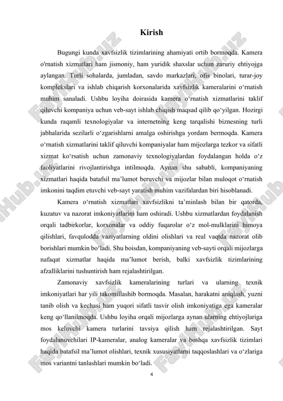 (cctv) turli joylarda – ko‘chalarda, banklarda, savdo markazlarida, maktablarda va korxonalarda xavfsizlikni ta’minlashda muhim rol o‘ynaydi. shuningdek, kameralar uy xavfsizligini oshirish uchun ham ishlatilmoqda. masalan, aqlli uy tizimlari orqali real vaqt rejimida uy atrofini kuzatish va kerak bo‘lsa, xavfsizlik xizmatlariga murojaat qilish imkoniyati yaratilgan. bundan tashqari, kameralar jinoiy ishlarni tekshirishda ham muhim ahamiyatga ega. ular jinoyatchilarni aniqlash va tergov jarayonini yengillashtirishda yordam beradi. zamonaviy sun’iy intellekt bilan ishlovchi kuzatuv tizimlari odamlarning harakatlarini tahlil qilib, shubhali faoliyatni oldindan aniqlay oladi. bu esa xavfsizlikni yanada mustahkamlashga xizmat qiladi. 1-rasm:xavfsizlik va nazorat tizimlarida kameralar transport va yo‘l harakati boshqaruvida kameralar:kameralar transport sohasida ham keng qo‘llanilmoqda. shahar infratuzilmasida yo‘l harakatini nazorat qilish, qoidabuzarlarni aniqlash va tirbandliklarni kamaytirish maqsadida kameralar o‘rnatilgan. ular nafaqat xavfsizlikni oshiradi, balki haydovchilarning tartib-intizomli bo‘lishiga ham ta’sir ko‘rsatadi. shuningdek, kameralar jamoat transporti xavfsizligini ta’minlashda ham katta rol o‘ynaydi. avtobus va metro bekatlarida o‘rnatilgan kuzatuv kameralarining yordamida huquqbuzarliklar oldini olish va favqulodda …