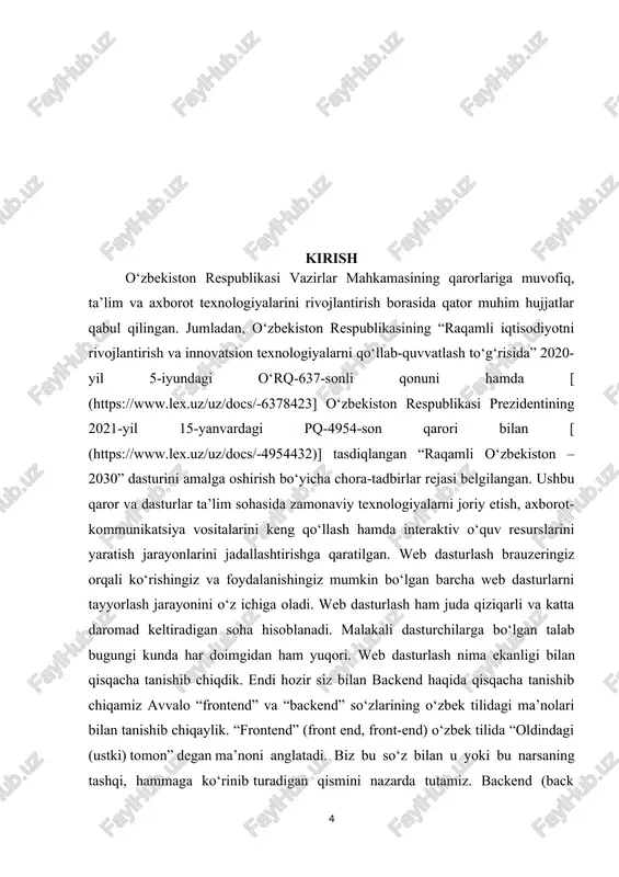 dalanuvchi harakatlariga (masalan, tugmalarni bosish, ro'yxatlarni aylantirish) javob beradigan funksiyalarni yaratish mumkin. individual loyianing maqsadi: “frontend kursi darslarini o`zida mujassamlashtirgan web sayt ishlab chiqish” mavzusi, “frontend.uz” nomli web sayt uchun frontend qismini tuzishni o‘rganishni maqsad qiladi. individual loyinaning vazifasi: “frontend kursi darslarini o`zida mujassamlashtirgan web sayt ishlab chiqish” mavzusining vazifasi, “frontend.uz” nomli veb saytning frontend qismini tuzishni o‘rganish va amalga oshirishdir. bu vazifa, veb ilovaning foydalanuvchi interfeysini yaratish, veb saytni o‘qish va tushunishga yordam berish, foydalanuvchilar bilan interaktivlikni ta’minlash, dizaynning amaliyotlarga aylanishini ta’minlash va veb ilovani ishlov berish uchun tayyorlash saytfa backend kurslarini videolarini joylashni o‘z ichiga oladi. individual loyiha ishining ob’ekti:ushbu individual loyiha ishining ob’ekti – frontend dasturlash bo‘yicha ta’lim beruvchi veb-sayt ishlab chiqish jarayonidir. sayt foydalanuvchilarga frontend texnologiyalarini mustaqil va tizimli ravishda o‘rganish imkoniyatini taqdim etadi. ushbu platforma orqali foydalanuvchilar html, css, javascript hamda zamonaviy frontend kutubxonalari va freymvorklarini o‘rganishlari mumkin. veb-sayt interaktiv ta’lim materiallari, test va imtihon …