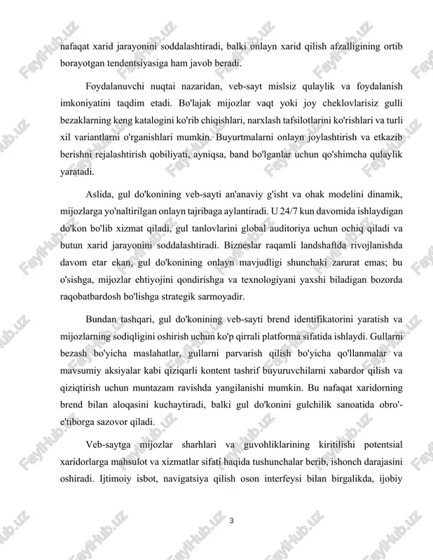matlar: gul do'konlari an'anaviy guldasta va aranjirovkalardan tortib to'ylar, tug'ilgan kunlar, yubileylar va dafn marosimlari kabi maxsus tadbirlar uchun moslashtirilgan gul naqshlarigacha bo'lgan keng turdagi mahsulotlarni taklif etadi. kesilgan gullardan tashqari, ko'plab gul do'konlari qozonli o'simliklar, sovg'a savatlari va dekorativ aksessuarlar bilan ta'minlaydi. ba'zilar tadbirlar uchun gullar dizayni xizmatlarini taklif qilishlari yoki turli holatlarning estetik jozibadorligini oshirish uchun tadbirni rejalashtiruvchilar bilan hamkorlik qilishlari mumkin. 2 - rasm. to’y va tadbirlar uchun gul bezaklari mavsumiy takliflar: gul do'konining inventarizatsiyasi ko'pincha fasllarga qarab o'zgarib turadi, ular mavsumga qarab turli xil tartiblarni o'z ichiga oladi. bu nafaqat mijozlar uchun turli xil variantlarni ta'minlaydi, balki yil davomida o'ziga xos gullarning tabiiy mavjudligiga ham mos keladi. mijozlarni jalb qilish: mijozlarning o'zaro munosabati gul do'koni faoliyatining asosiy jihati hisoblanadi. gul sotuvchilari mijozlarning xohish-istaklarini, voqeaning tabiatini va ularda bo'lishi mumkin bo'lgan har qanday maxsus talablarni tushunish uchun ular bilan yaqindan hamkorlik qiladilar. ushbu shaxsiy yondashuv noyob va …