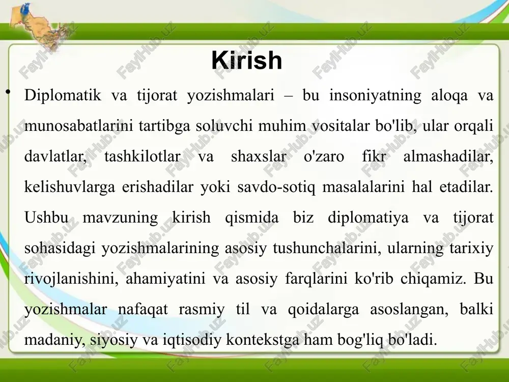 diplomatik yozishmalarda aloqa uslubi ko'pincha bilvosita va muloyim bo'ladi, chunki davlatlar o'rtasidagi munosabatlar uzoq muddatli va sezgir. masalan, diplomatik xatlarda norozilik bildirishda to'g'ridan-to'g'ri ayblovlardan qochiladi, o'rniga "tashvish bildirish" yoki "muzokara taklif qilish" kabi ifodalar ishlatiladi zamonaviy yozishmalarda axborot texnologiyalarining roli zamonaviy diplomatik va tijorat yozishmalarda axborot texnologiyalari muhim rol o'ynaydi, chunki ular aloqa jarayonini tezlashtiradi va samarali qiladi. elektron pochta (email) ikki turdagi yozishmada ham asosiy vosita bo'lib, u an'anaviy xatlarni almashtirdi. diplomatik yozishmalarda elektron pochta orqali shartnomalar loyihalari yuboriladi va muzokaralar olib boriladi, bu esa vaqtni tejaydi. tijorat yozishmalarda esa email orqali takliflar va hisob-fakturalar yuboriladi, bu savdo jarayonini tezlashtiradi. xulosa diplomatik va tijorat yozishmalarining o'xshashligi – ikkalasida ham rasmiy til, faktlarga asoslanish va huquqiy kuchga ega bo'lishida. farqi esa maqsadda: diplomatiklar siyosiy va xalqaro masalalarga qaratilgan bo'lsa, tijoratlar iqtisodiy foyda va savdo jarayonlariga yo'naltirilgan. diplomatik yozishmalar ko'proq hurmat va protokol talab qilsa, tijoratlar savdo strategiyalari va raqobatbardoshlikka e'tibor …