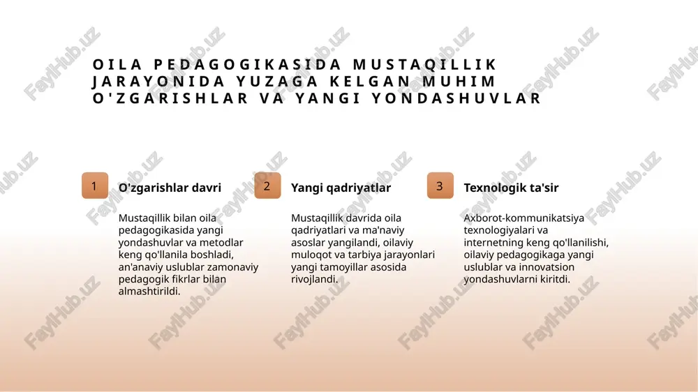 oiy barqarorlik va rivojlanishga xizmat qiladi. 3 texnologik rivojlanish internet, mobil ilovalar va onlayn platformalar orqali, oilaviy pedagogik yondashuvlar kengayib, oila ichida ta'lim va tarbiyaning yangi imkoniyatlarini yaratadi. oila pedagogikasida kelajak tendensiyalari va texnologik rivojlanishlar 1 yangi texnologiyalar kelajakda oilaviy pedagogikada raqamli ta'lim platformalari va onlayn resurslar keng tarqaladi, bu esa oila a'zolari uchun oson va interaktiv ta'lim imkoniyatlarini yaratadi. 2 innovatsion yondashuvlar sun'iy intellekt va virtual haqiqat texnologiyalari yordamida oila pedagogikasida shaxsiylashtirilgan ta'lim metodlari rivojlanadi, bu esa oilaviy muhitni yanada qulay va samarali qiladi. 3 texnologik integratsiya yangi avlod texnologiyalari oilaviy pedagogikaga integratsiya qilinib, kommunikatsiya va bilim almashish jarayonlarini soddalashtiradi, oilaning o'zaro bog'liqligini kuchaytiradi. xulosa 01 oila qadriyatlarining zamonaviy shakli mustaqillik davrida oila qadriyatlari yangilandi, milliy an'analar va zamonaviy pedagogik yondashuvlar uyg'unlashdi, bu esa tarbiya samaradorligini oshirdi. 02 innovatsiyalar va texnologiyalar ta'siri zamonaviy texnologiyalar oilaviy pedagogikaga kirib, onlayn platformalar va mobil ilovalar bilan ta'lim jarayonini kengaytirdi, oila ichida muloqotni …