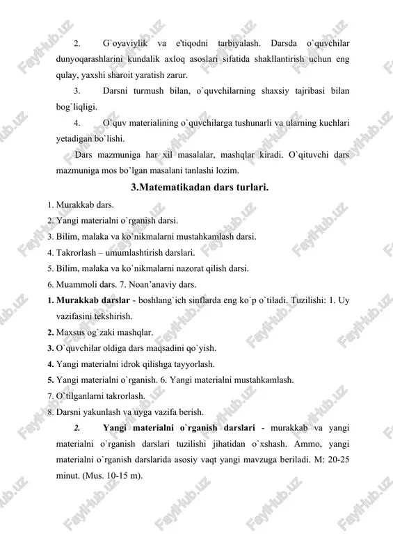 o`la yoki qisman bajarilishi yoki uning ayrim punktlari birlashtirilishi mumkin. misol «42:3 ko`rinishdagi jadvaldan tashqari bo`lish» ni o`rganish. 1. muammoli vaziyat hosil qilish. siz, 46 ni 2 ga bo`la olasizmi? buning uchun 46=40+6 almashtiramiz. boshlang’ich sinfda matika o’qitishning darsdan tashqari shakllari 1. mustaqil ish darslari. darsning mavzusi; 4 ni qo’shish va ayirish. darsning maqsadi. birliklar gruppasi bilan 4 ni ayirish va qo’shish amallari bilan birinchi bor tanishtirish, malaka va ko’nikmalarni mustahkamlash. ko’rgazmali qurol: hisoblash uchun didaktik materiallar, hisob cho’plari, kvadratchalar. dars rejasi: 1) uy vazifasini tekshirish va o’quvchilarni yangi materialni o’zlashtirishga tayyorlash, uchni birliklarga bo’lib qo’shish va ayirishni takrorlash; 2) mavzuni e’lon qilish va darsning maqsadi; 3) yangi mavzuni bayon qilish: o’quvchilar bilan predmetlar to’plami ustida 4 ni qo’shish va ayirishga qaratilgan misol va masalalarni o’qituvchi rahbarligida yechish. o’quvchilarni qanday qilib 4 ni qo’shish mumkin va qanday qilib 4 ni ayirish mumkin degan umumlashtiruvchi xulosaga olib kelish; 4) yangi materialni …