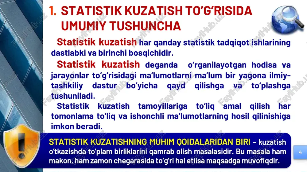odir bo’lishi bilanoq, ya’ni o’sha kunning o’zidayoq qayd etiladi. davriy kuzatish ma’lum muddatlarda o’tkaziladigan kuzatishlar. masalan, har o’n yilda o’tkaziladigan aholi ro’yxati, har oylik, choraklik va yillik hisobotlar va boshqalar. bir yo‟la kuzatish bu birorta masalani echish uchun o’tkazilgan kuzatishga aytiladi. masalan, savdo korxonalarini jihozlanish darajasining bozor iqtisodiyoti talablariga javob berishi va bermasligini o’rganish uchun maxsus kuzatish o’tka- zishdir. 2. statistik kuzatishning shakllari, turlari va usullari 10 statistik kuzatish to'plam birliklarini qamrab olish darajasiga qarab ikki turga bo„linadi: statistik kuzatish yoppasiga kuzatish to’plam birliklarining barchasi kuzatiladi. masalan, o’zbekistonda 2022 yilda o’tkaziladigan aholi ro’yxati, respublika fuqarolarning barchasi (qayerdaligidan qat’iy nazar) ro’yxatga olinadi. qisman kuzatish o’rganilayotgan to’plam birliklarining bir qismi kuzatishga jalb qilinadi. 2. statistik kuzatishning shakllari, turlari va usullari 11 aholini ro‟yxatga olish bo‟yicha me‟yoriy-huquqiy hujjatlar harakatlar strategiyasini “faol tadbirkorlik, innovatsion gʼoyalar va texnologiyalarni qoʼllab-quv- vatlash yili”da amalga oshirishga oid davlat dasturi toʼgʼrisida”gi pf- 5308-sonli farmoni bilan tasdiqlangan davlat dasturining 38-bandi. …