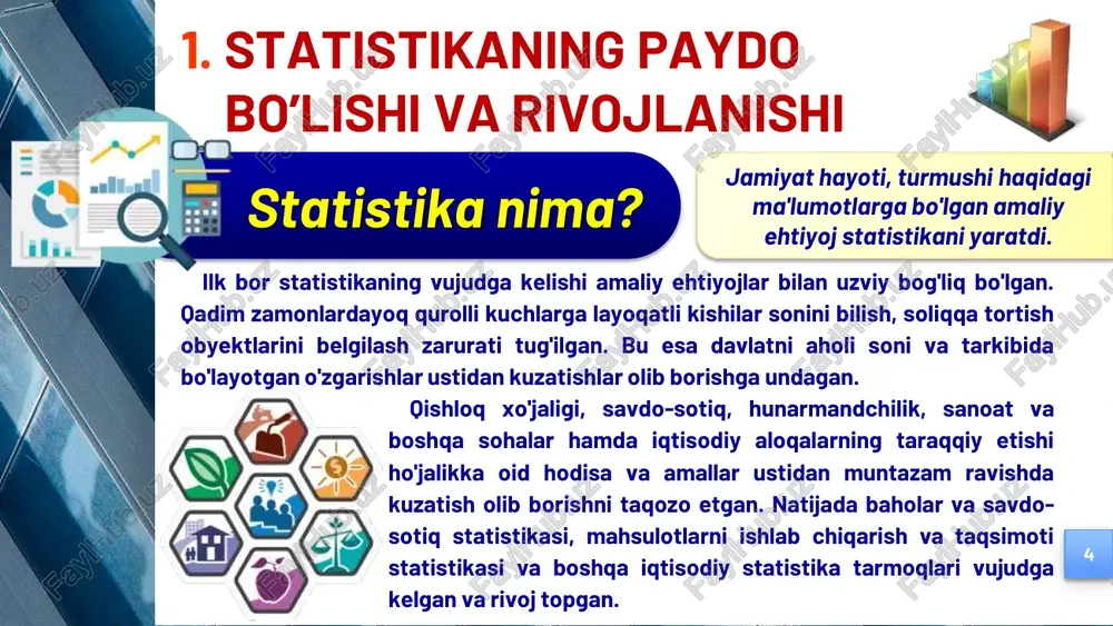 ika fanining predmeti va usullari 10 statistika fani predmetini aniqlash prinsiplari ommaviy hodisalar bir turdaligi dastlabki sifatiy tahlil qonuniyat- larni aniqlash miqdoriy baholash usullarining qo’llanilishi umumlash- tiruvchi ko’rsatkich- larni hisoblash 2. statistika fanining predmeti va usullari 11 statistika o’rganish obyekti – ommaviy hodisa va jarayonlardir. ommaviy hodisaning umumiy ta'rifi: biror obyektlar to'plamida yoki murakkab obyekt element-lari majmuasida yuzaga chiqqan voqea. ommaviy jarayon umumiy ta'rifi: obyektlar to'plamida yoki murakkab obyektda sodir bo'lgan voqealar oqimi, ularning rivojlanishi. ommaviy hodisa va jarayonning birinchi muhim belgisi - unda bir qancha obyektlar ishtirok etib, ular o'xshashlik alomatiga ega ekanligidan iborat. ommaviy hodisa va jarayonning ikkinchi xossasi - ayrim to'plam obyektlari, elementlari o'ziga xoslik alomatiga ega bo'lib, mustaqil, erkli tarzda amal qiladilar. 2. statistika fanining predmeti va usullari 12 statistika o’rganish obyekti – ommaviy hodisa va jarayonlardir. ommaviy hodisa va jarayonning uchinchi xossasi – to’plamning biror obyekti haqidagi tafsillarni uning barcha boshqa obyektlariga oid tafsillari asosida …