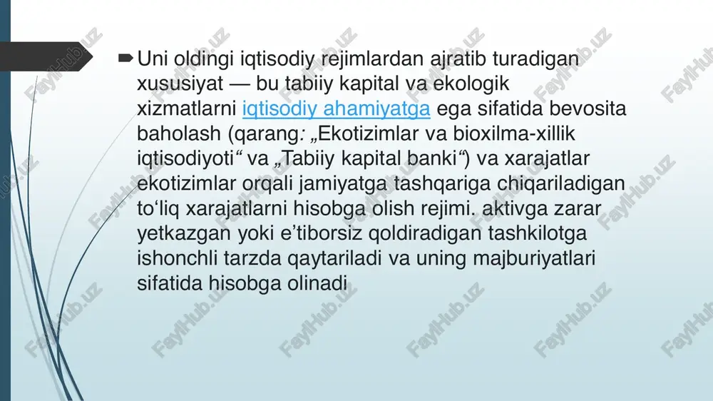 isobotida aytilishicha, „mavjud tadqiqotlarga asoslanib, global iqtisodiyotni yashillashtirish uchun yillik moliyalashtirish talabi 1,05 dan 2,59 trillion aqsh dollari oraligʻida boʻlishi taxmin qilingan. ushbu talabni istiqbolda joylashtirish uchun bu global yalpi kapital shakllanishi bilan oʻlchanadigan yiliga jami global investitsiyalarning oʻndan bir qismini tashkil qiladi.“  cop26 da yevropa investitsiya banki koʻp tomonlama rivojlanish banklari bilan kelishilgan va parij kelishuviga mos keladigan adolatli oʻtishning umumiy tamoyillari toʻplamini eʼlon qildi. printsiplar moliyalashtirishni sof nol uglerodli iqtisodga o‘tishga yo‘naltirishni nazarda tutadi, shu bilan birga ijtimoiy-iqtisodiy taʼsirlarni, shuningdek, siyosatni jalb qilish va inklyuzivlik va gender tengligi bo‘yicha rejalar bilan birga uzoq muddatli iqtisodiy o‘zgarishlarni amalga oshirishga qaratilgan yevropa investitsiya banki  afrika taraqqiyot banki, osiyo taraqqiyot banki, islom taraqqiyot banki, yevropa kengashi taraqqiyot banki, osiyo infratuzilma investitsiya banki, yevropa tiklanish va taraqqiyot banki, yangi taraqqiyot banki va amerikalararo taraqqiyot banki koʻp tomonlama rivojlanish banklari qatoriga kiradi . iqlim oʻzgarishini yumshatish va adolatli oʻtish tamoyillarini qoʻllab- …