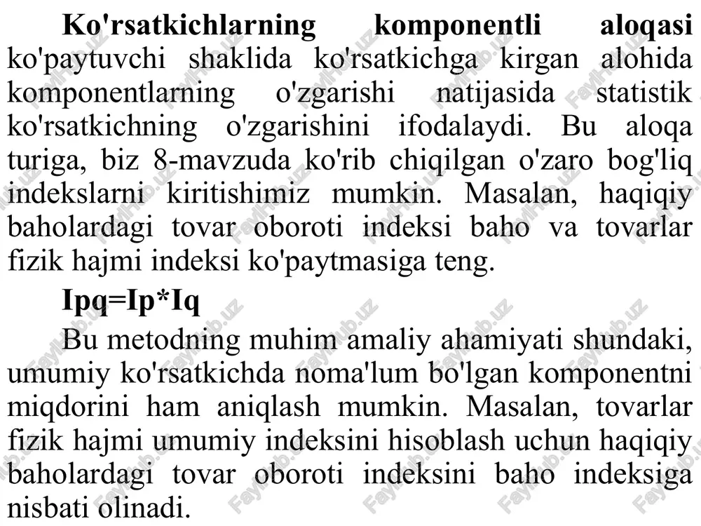 va aksincha. egri chiziqli bog'lanishda esa, omil belgining o'zgarishi bilan natijaviy belgi ma'lum bir vaqtgacha u bilan parallel o'zgarib boradi, ma'lum bir nuqtaga yetgandan so'ng natijaviy belgining o'zgarish yo'nalishi o'zgara boshlaydi. demak, ular o'rtasidagi bog'liqlik doimiy emas. 9 omillarning o'zaro harakati nuqtai-nazaridan aloqadorlikni quyidagi turlarga bo'lish mumkin: juft belgilarning aloqadorligi; ko'p belgilarning o'zaro aloqadorligi. masalan, talabaning dars qilish soati bilan o'zlashtirishi o'rtasidagi aloqani o'rgansak, bu juft aloqadorlik deyiladi, agarda talaba o'zlashtirishiga dars qilish soati, oilaviy ahvoli, darsliklar bilan ta'minlanganligi va boshqa omillarning ta'sirini o'rgansak, bu ko'p omilli aloqadorlik deyiladi. 10 regressiya — (matematikada) biror (u) tasodifiy miqdor oʻrta qiymatining boshqa bir tasodifiy miqdoriga bogʻlikligi. funksional bogʻlanishda miqdorning har bir qiymatiga u miqdorning bitta qiymati mos kelsa, regressiv bogʻlanishda x ning y qiymatiga turli hollarda turli qiymatlar mos keladi. regressiya tushunchasi faqat tasodifiy miqdorlar uchun emas, tasodifiy vektorlarga nisbatan ham kiritiladi. regressiya terminini ingliz olimi f.galton kiritgan (1886). regressiya tabiat va …
