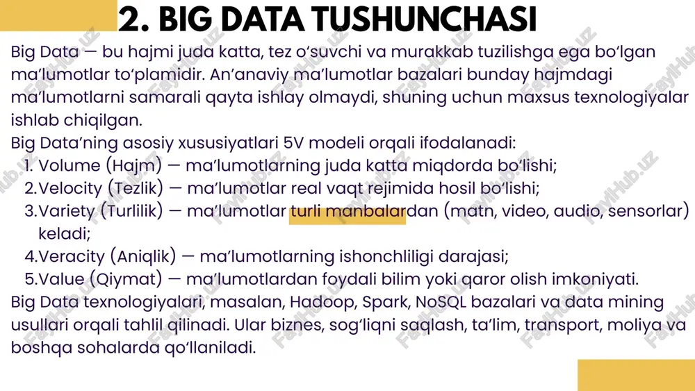 ayta ishlashni tezlashtiradi, blockchain esa ularni tasdiqlash va himoya qilish bilan shug‘ullanadi. shu bois, bu ikki texnologiya bir-birini to‘ldiradi, raqobat qilmaydi. blockchainning qo’llanilish sohalari blockchain bugungi kunda ko‘plab sohalarda muvaffaqiyatli qo‘llanilmoqda. moliya sohasida u kriptovalyutalar va to‘lov tizimlari uchun ishlatiladi. sog‘liqni saqlashda bemorlar ma’lumotlarini xavfsiz saqlash imkonini beradi. logistika va ta’minot zanjiri boshqaruvida mahsulotning manbasini kuzatish va soxtalashtirishning oldini olish uchun blockchain qo‘llanadi. ta’lim tizimida diplomlar va sertifikatlarni tekshirish jarayonlari soddalashmoqda. davlat xizmatlarida esa saylov jarayonlari va hujjat aylanish tizimlarida shaffoflikni oshirish uchun blockchaindan foydalanilmoqda. shuningdek, blockchain texnologiyasi energetika, ko‘chmas mulk, san’at asarlari savdosi kabi ko‘plab yo‘nalishlarda ham joriy etilmoqda. 9. big data va blockchain integratsiyasi big data va blockchain birgalikda qo‘llanilganda kuchli sinergiya hosil qiladi. big data tahliliy imkoniyatlar orqali katta hajmdagi ma’lumotlardan foydali xulosalar chiqaradi, blockchain esa bu ma’lumotlarning ishonchliligini ta’minlaydi. masalan, tibbiyotda bemor ma’lumotlari blockchain orqali himoyalanib, big data yordamida tahlil qilinadi. shu orqali yanada aniq tashxis …