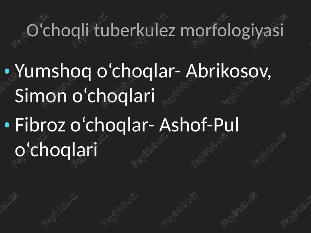 etri katta - 4,0-6,0 sm gigant diametrli 8,0-10,0 sm va katta klinik kechishining 3 turi: stasionar turi avjlanib boruvchi belgilari so‘nib boruvchi turi klinikasi: 24 – 50% bemorlarda tuberkuloma klinik belgilarsiz kechadi. quruq yoki bir oz balg‘amli yo‘tal; xolsizlik; ishtaxani yo‘qolishi; tana xaroratining 37,5 – 37,8º s gacha ko‘tarilishi; 8-10% bemorlar qon tuflashi mumkin. stetaakustik belgilar tuberkuloma-ning davriga, uning katta va kichik-ligiga bog‘liq: katta tuberkuloma perkutor bo‘g‘iq tovush aniqlanadi. auskultasiyada - sust nafas eshitiladi. tuberkulomaning yallig‘langan yoki emirilish davrida nam xirillashlar eshitiladi. laborator kursatkichlar umumiy qon taxlilida: o‘rtacha leykositoz; tayoqcha yadroli neytrofillarning 8-10%ga ko‘payishi; limfopeniya; eozinopeniya; echt 20-25 mm/s. balg‘am mikroskopiyasi (emirilish davri) mbt bemorlarning 1/3 qismida aniqlanadi. rentgenologik kurinishi: dumaloq yoki ovalsimon soyalanish chegaralar aniq, notekis emirilish bosqichida o‘roqsimon yorug‘lanish drenajlovchi bronx tomonida joylashadi “yo‘lakcha” ildiz tomoniga atrofida o‘choqlar va fibrozli o‘zgarishlar yaqin joylashgan plevra varaqlarida qalinlashish kuzatiladi. rentgenogramma rentgenogramma image4.jpeg image5.jpeg image6.jpeg image7.png image8.png image9.jpeg image10.png image11.png image12.jpeg …