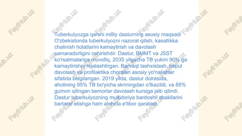 tlari qayd etiladi. ularning aksariyati osiyo va afrika mintaqalarida uchraydi. davolash muddati odatiy tbga nisbatan ancha uzoqroq, ko‘pincha 18-24 oy davom etadi. ushbu turi an’anaviy tbga qaraganda davolash uchun qiyinroq bo‘lib, muvaffaqiyatli davolash darajasi nisbatan pastroq: taxminan 50-60% atrofida. ravoqlashmagan tb holatlari va noto‘g‘ri davolash usullari bu kasallikni kuchaytirishi mumkin. ... t.me/slaydai_bot 9. aholini ma’lumotlantirish va xabardorlik darajasini oshirish nuqtai nazaridan o‘zbekiston statistikasiga ko‘ra, 2022 yilda aholining 65% internetdan faol foydalanib, ma’lumot olishga imkon yaratdi. elektron hukumat xizmatlari orqali 2019 yilga nisbatan 20% ko‘proq fuqaro xabar oldi. ta’lim va sog‘liqni saqlash sohalarida xabardorlik kampaniyalari orqali ishtirok etganlar soni 15% ga oshdi. yevropa ittifoqining o‘zbekistondagi loyiha ko‘magida axborot markazlari soni 12 tadan 50 tagacha ko‘paytirildi, bu esa xabardorlik darajasini sezilarli darajada oshirdi. shuningdek, an’anaviy ommaviy axborot vositalari orqali tarqatilgan ma’lumotlarning qamrovi 2018 yilga nisbatan 30% ga o‘sdi. ... t.me/slaydai_bot 10. vaksinatsiya va immunizatsiya dasturlari. 10. vaksinatsiya va immunizatsiya dasturlari butun dunyoda …