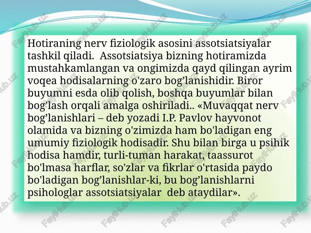 vujudga kelishidir. esda qoldirish o'zining faolligi jihatidan ikkiga bo'linadi: a) ihtiyorsiz esda qoldirish- oldindan maqsad quyilmaydi, mavzu tanlanmaydi va iroda kuchi sarflanmaydi. b) ihtiyoriy esda qoldirish- oldindan maqsad qo'yib mavzu belgilanadi. ihtiyoriy esda qoldirishda quyidagi turli usullardan foydalaniladi: maqsad qo`yish, masalan, institutga kirish oldidagi maqsad; o‘quv materiallarini tushunib esda qoldirish; esda qoldirishning ratsional usullaridan foydalanish, masalan, esga tushirish yo'li bilan esda qoldirish psihologiya fanida esda olib quyidagi turlari mavjud: ma'lumot, habar, taassurot, ahborot va materiallarni eshitish orqali idrok qilish hamda esda olib qolish egallash yoki o'zlashtirish zarur bo'lgan materiallarni ko'rib idrok qilish materiallarni harakat yordamida va eshitish orqali idrok idrok qilish hamda esda olib qolish aralash holatda esda olib qolish, eshitish, ko'rish, harakat kabilar orqali idrok qilish va esda olib qolish yoki bir nechta ta'sir etuvchilar yordamida aks ettirish esda olib qolish jarayoni deganda sezgi, idrok, tafakkur, ichki kechinmalarni hotirada saqlanish hususiyati tushuniladi. esga tushirish -o'tmishda idrok qilingan narsalar, his-tuyg`u, …