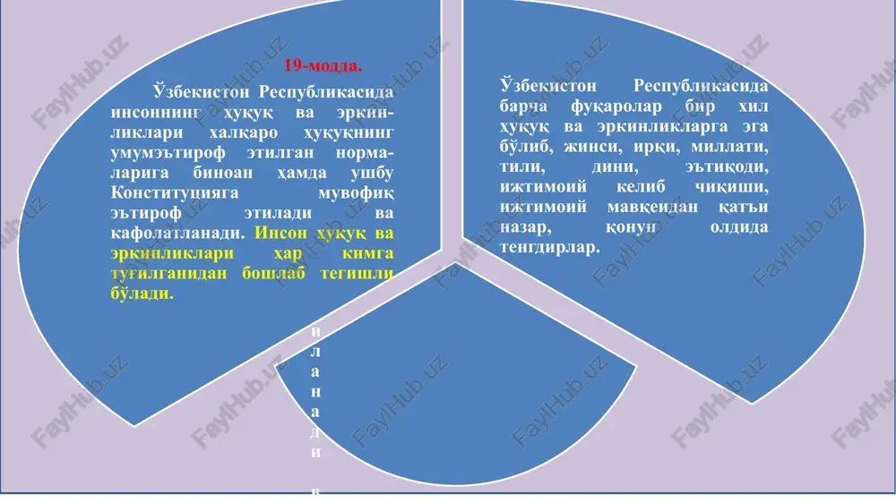 artdagi o'rq-610-son o'zbekiston respublikasining “o'zbekiston respublikasining fuqaroligi to'g'risida”gi qonuni 2021 yil 04 iyundagi o'rq-692-son o'zbekiston respublikasining “o'zbekiston respublikasida chet el fuqarolarining va fuqaroligi bo'lmagan shaxslarning huquqiy holati to'g'risida”gi qonuni 1 2 fuqarolikni taqdim etilishi: qon huquqi — bola tug'ilgan paytda otasi yoki onasining fuqaroligini taqdim etish mezoni (yaponiya, germaniya, italiya, xitoy, janubiy koreya va boshqalar); tuproq huquqi – bolaning ota-onasi fuqaroligidan qat'i nazar farzand tug'ilgan joyga asoslanuvchi mezon (aqsh, kanada, avstraliya va boshqalar). o'zbekiston respublikasining fuqaroligi quyidagi hollarda olinadi: 13 tug'ilganlik bo'yicha; bola farzandlikka olinganda; o'zbekiston respublikasining fuqaroligiga qabul qilish va uni tiklash natijasida; o'zbekiston respublikasining fuqaroligi o'zbekiston respublikasining xalqaro shartnomalarida va ushbu qonunda nazarda tutilgan boshqa asoslarga ko'ra ham olinishi mumkin (qonuning 13-moddasi). tug'ilganlik bo'yicha olish: a) ota-onasi (yolg'iz otasi yoki onasi) o'zbekiston respublikasi fuqarolari bo'lsa; b) uning ota-onasidan biri o'zbekiston respublikasi fuqarosi, boshqasi esa fuqaroligi bo'lmagan shaxs bo'lsa yoki bedarak yo'qolgan deb topilgan yoxud uning turgan joyi noma'lum …
