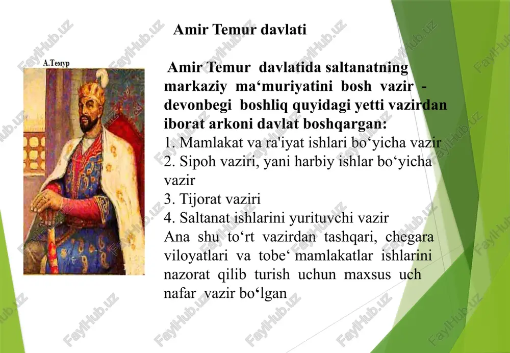 tilgan. sohibqiron qudratli saltanat sohibqiron qudratli saltanat shakllangach, o‘sha davrning deyarli barcha taniqli davlatlari va ularning hukmdorlari bilan faol iqtisodiy siyosiy aloqalar o‘rnatgan. turli davlatlarga o‘z elchilarini yuborgan, shuningdek, uning huzuriga yo‘llangan chet el elchilarini qabul qilgan. jumladan, misrga 1393 yil, shom, rum, farangiston mirzo ulug‘bek davridagi iqtisodiy islohotlar amir temur vafotidan keyin uning islohotlarini asosan shohruh mirzo (1377-1447) va ulug‘bek davom ettirdilar. shohrux mirzoning motadil ichki va tashqi siyosati xurosonda tinchlikning barqaror bo’lishiga olib keldi. bu davrda tijorat, hunarmandchilik, dehqonchilik yuqori darajaga ko’tarila boshladi. ulug'bekning islohotlari ulug'bek ham mamlakatning ijtimoiy-iqtisodiy rivoji yo'lida bir qator islohotlar olib borgan. o‘sha davrda muomaladagi chaqa pullar yengil vaznda bo‘lib, savdo rivojiga to‘sqinlik qilgan. ulug'bek yengil vaznda zarb etilgan va muomalada yurgan barcha chaqa pullarni bekor qildi. eski chaqalarni yangisiga almashtirib, ichki savdoning mayda mis pullarga bo‘lgan talabini qondirish uchun bir vaqtning o‘zida buxoro, samarqand, qarshi, termiz, toshkent, va andijon shaharlarida zarbxonalar tashkil etib, …