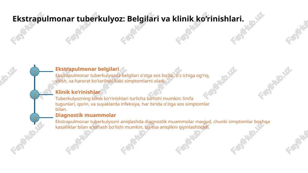 a alternativa sifatida muhim rol o'ynaydi, bu esa tuberkulyozni erta aniqlash imkonini yaratadi. tasviriy diagnostika usullarining samaradorligini baholash kriteriylari. 1 tasviriy usullar tahlili tasviriy diagnostika usullarini baholashda ularning aniqlik darajasi, sezgirlik va maxsuslik kabi kriteriyalar muhim ahamiyatga ega. 2 klinik natijalar tasviriy diagnostika usullarining samaradorligini baholashda klinik natijalar, ya'ni kasallikning rivojlanishi va davolanishdagi o'zgarishlar e'tiborga olinadi. 3 resurs tejamkorligi tasviriy usullarni baholashda iqtisodiy jihat ham muhimdir. ularning samaradorligi, xarajatlar va vaqtni tejash imkoniyatlari hisobga olinadi. xulosa ekstrapulmonar tuberkulyozni aniqlash ekstrapulmonar tuberkulyozni aniqlashda radiologik va tasviriy diagnostika usullari katta ahamiyatga ega, bu esa to‘g‘ri va o‘z vaqtida davolanishni ta’minlaydi. tasviriy diagnostika usullari rentgen, kompyuter tomografiyasi va ultrasonografiya kabi usullar, ekstrapulmonar tuberkulyozni aniqlashda samaradorligini oshiradi va klinik amaliyotda qo‘llaniladi. o‘zbekiston sog‘liqni saqlash sohasidagi rol o‘zbekistonda ekstrapulmonar tuberkulyoz diagnozi uchun radiologik usullarni joriy etish, bemorlarni erta aniqlash va davolashda muhim omil hisoblanadi.