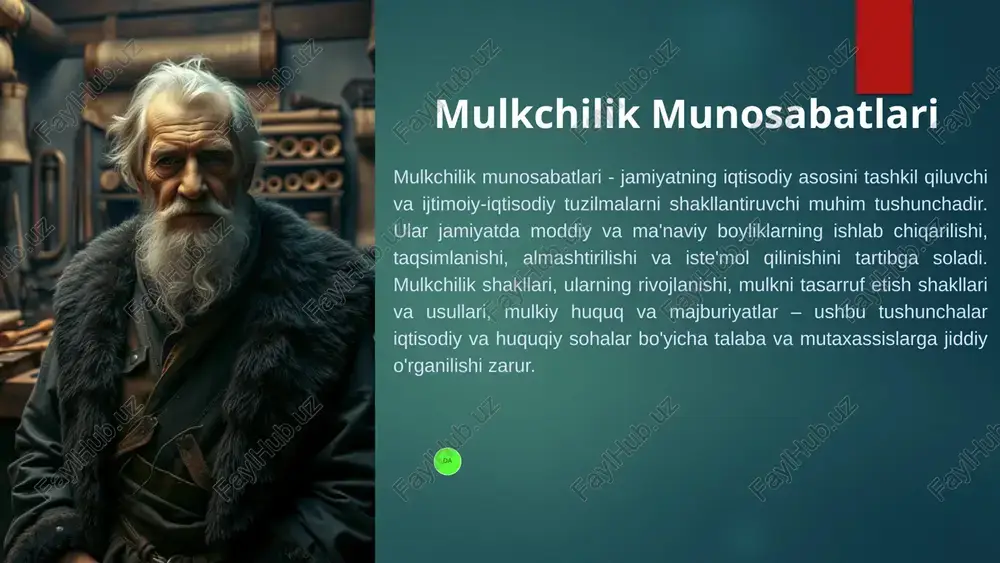 uhim rol o'ynaydi. mulkchilikning xususiyatlari xususiy, davlat va jamoat mulklari o'ziga xos xususiyatlarga ega. ularning huquqlari, majburiyatlari va boshqaruv tamoyillari farq qiladi. mulkchilikning rivojlanish tendentsiyalari xususiy mulkchilikning kuchayishi, aralash mulkchilik shakllari paydo bo'lishi kuzatilmoqda. ular iqtisodiy rivojlanishning yangi dinamikasini ifodalaydi. mulkchiliklarni boshqarish tamoyillari shaffoflik, adolatlilik, muvozanat va samaradorlik - mulkchiliklarni boshqarishning muhim tamoyillaridir. 11 mulkchilik shakllari mulkchilik shakllari - bu xususiy, jamoaviy, davlat va boshqa shakllarida egalik qilish huquqi. ushbu mulkchilik turlarida biznes va xizmatlar olib boriladigan turli-tuman shakllari mavjud. da 12 xususiy mulk 1 mustaqil egalik xususiy mulkchilik shaxsiy mulkni boshqarish va undan foydalanish huquqini anglatadi. 2 erkin tasarruf etish . egalik qiluvchi shaxs mulkni o'z xohishiga ko'ra sotish, tasarruf etish, ijaraga berish yoki boshqa yo'l bilan foydalanishi mumkin 3 iqtisodiy mustaqillik xususiy mulk egasi o'z tavakkalchiliklarini o'zi olish va daromadni o'zi boshqarishi mumkin. 13 jamoaviy (kooperativ) mulk birgalikdagi egalik jamoaviy mulkchilikda mulk birgalikda tegishli bo'ladi va birgalikda boshqariladi. …