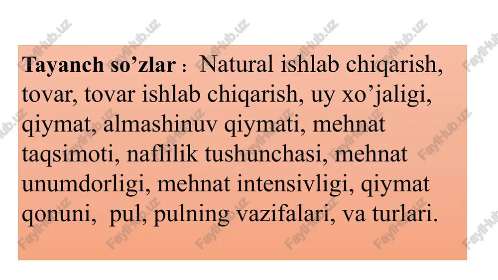 i iste'molchilarning qarorlar qabul qilishida muhim ahamiyatga ega bo‘lib, ularning tovar yoki xizmatga bo‘lgan ehtiyojini qondirishi darajasini ko‘rsatadi ijtimoiy zaruriy mehnat — bu iqtisodiyotda mahsulot yoki xizmat ishlab chiqarish uchun jamiyatda mavjud bo‘lgan mehnatning o‘rtacha darajasida talab etiladigan vaqt va mehnat sarfi. tovarning almashinuv qiymati — bu bir tovarning boshqa tovarlarga nisbatan almashish qobiliyatini ifodalaydigan iqtisodiy tushunchadir. boshqacha aytganda, tovarning almashinuv qiymati — bu u qanday va qancha miqdorda boshqa tovarlar yoki xizmatlar bilan almashilishi mumkinligini anglatadi 16 1-qop 2-qop 3-qop 4-qop 5-qop 5 4 3 2 1 16 eng oxirgi, egasi uchun eng oz naflilik keltiruvchi beshinchi qop har bir qopdagi donning qadrini belgilab beradi. tovarlar qanchalik ko'p bo'lsa, ularga bo'lgan ehtiyojning «qondirilish darajasi» shunchalik yuqori, konkret naflilik va qiymat shunchalik past bo'ladi va aksincha. 17 tovarlar qiymatining miqdoriga ta'sir ko'rsatuvchi omillar mehnat unumdorligi mehnat intensivligi ma'lum ish vaqti birligi mobaynida ishlab chiqarilgan mahsulotning miqdori yoki mahsulot birligini ishlab …