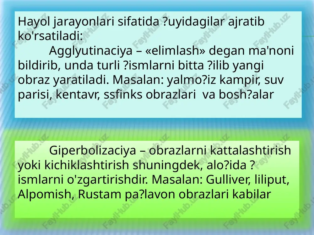 tajriba ?amda bilimlarga asoslanadi. hayol jarayonining o'ziga hos hususiyatlaridan navbatdagisi hotira tasavvurlarini analiz va sintez ?ismidan iboratdir. hayolning o'ziga hos hususiyatlaridan yana biri shundaki, agar idrok obrazlari ayni ?ozirgi paytdagi narsalar bilan bo?li? bo'lsa, hotira obrazlari o'tgan zamondagi narsalarning obrazlarini tiklash bilan bo?li? bo'lsa, hayoliy yo'l bilan yaratilgan obrazlar esa ?ozirgi va o'tgan zamongagina emas, balki kelajak zamonga, odam kelajakda nima ishlar ?ilishini hayolan tasavvur ?ilib ko'rish bilan bo?li? bo'lishi mumkin. /docprops/thumbnail.wmf